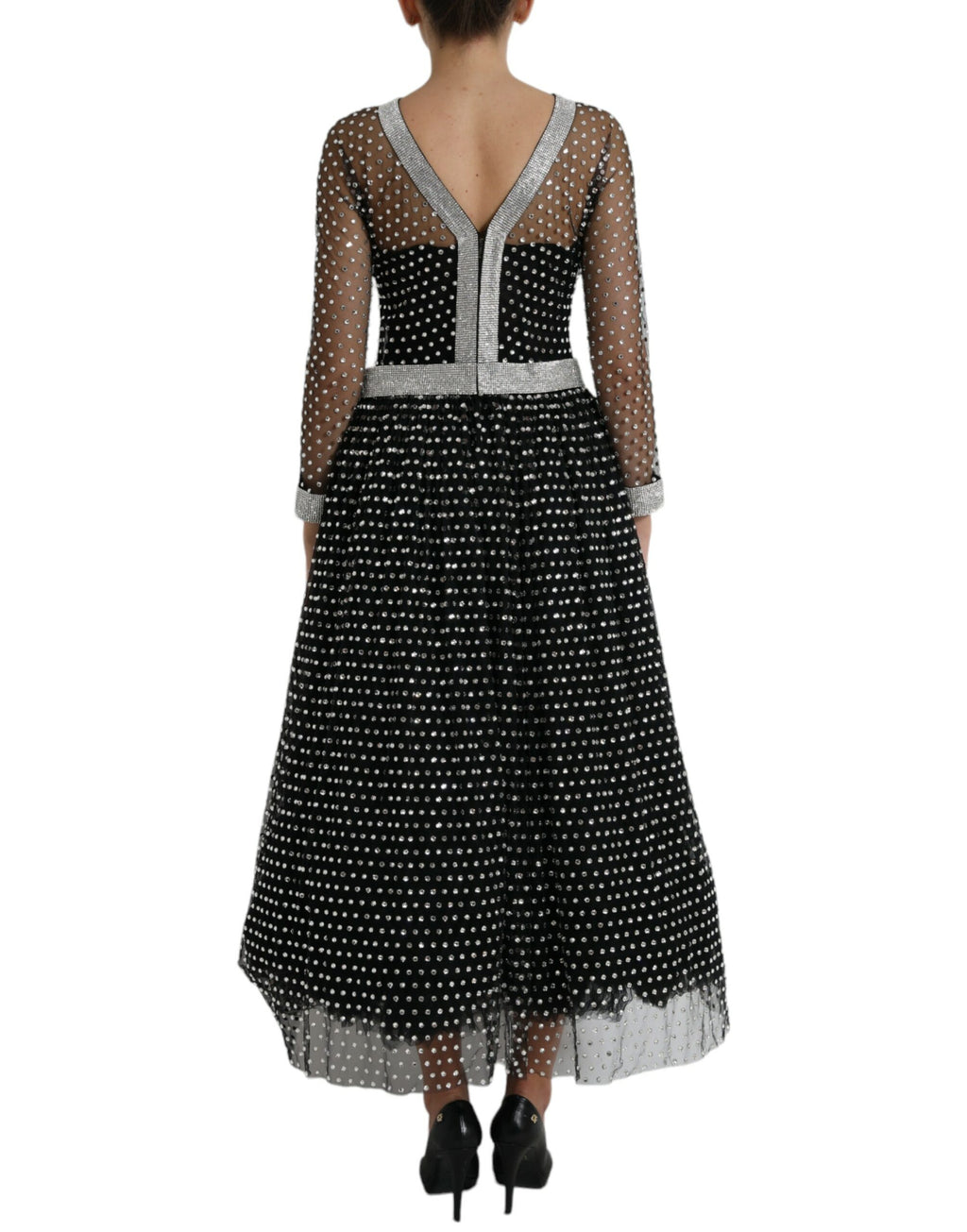 Robe longue noire Dolce & Gabbana en tulle avec embellissements en cristaux, coupe en ligne A élégante et sophistiquée.