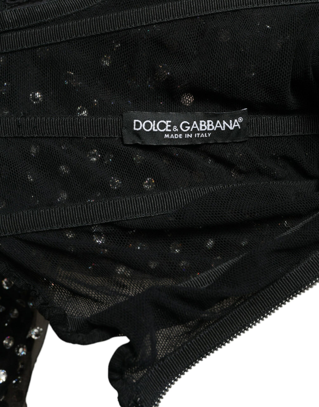 Robe longue noire Dolce & Gabbana avec cristaux ornés, coupe évasée en ligne A, élégante et sophistiquée.