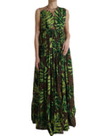 Robe longue sans manches Dolce & Gabbana à feuilles de bananier verte, style maxi élégant et fluide, vue de face.