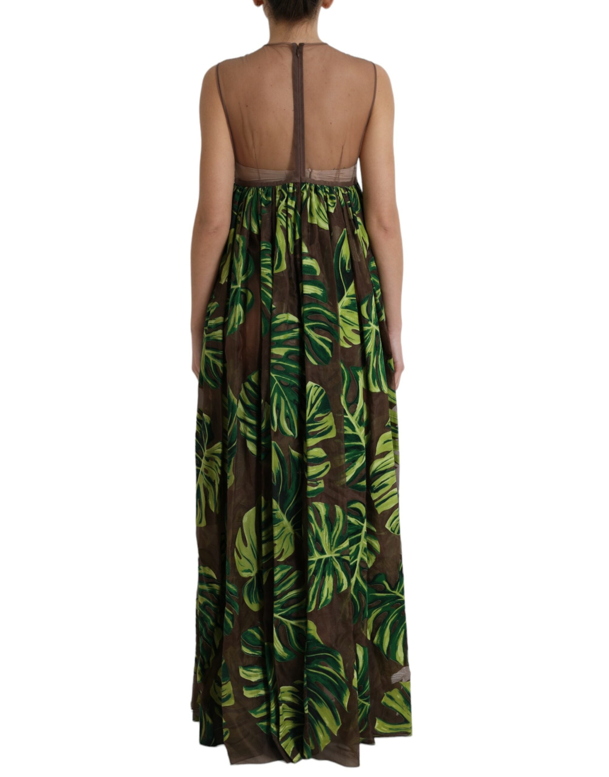 Robe longue sans manches Dolce & Gabbana en tissu imprimé feuilles de bananier vert, style élégant et sophistiqué.