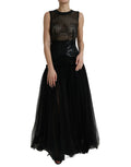 Robe longue sans manches Dolce & Gabbana en mesh noir avec sequins et superpositions, élégante et sophistiquée.
