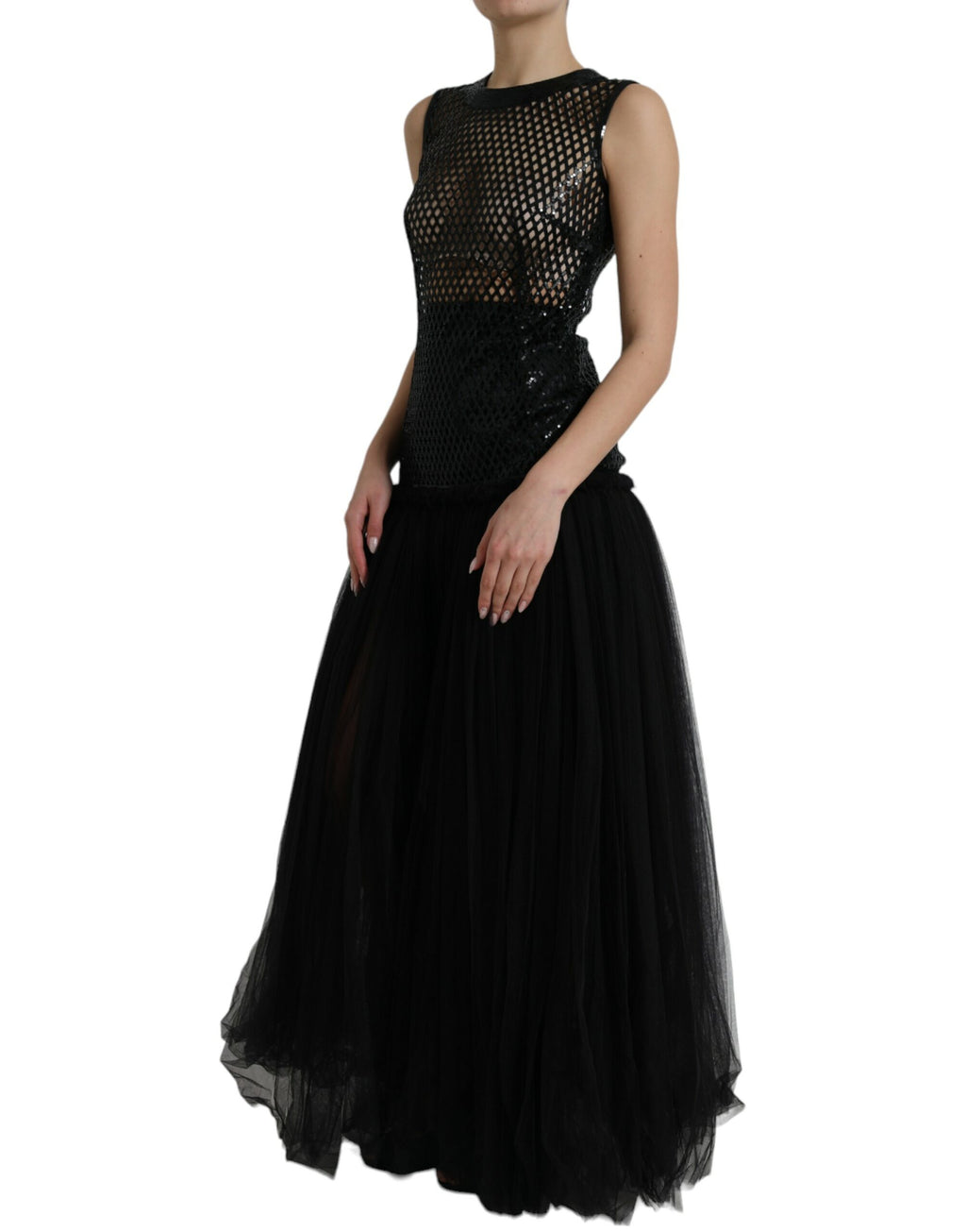 Robe longue sans manches Dolce & Gabbana en mesh noir avec sequins et superpositions élégantes.