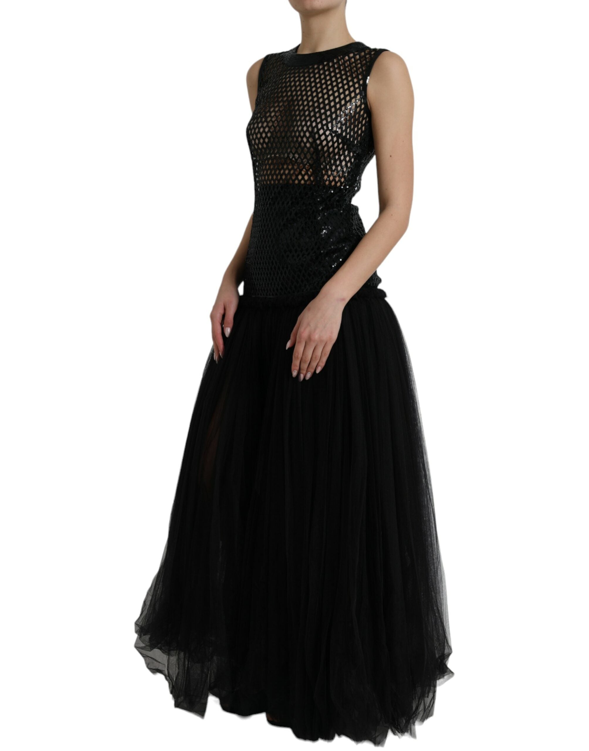 Robe longue sans manches Dolce & Gabbana en mesh noir avec sequins et superpositions élégantes.