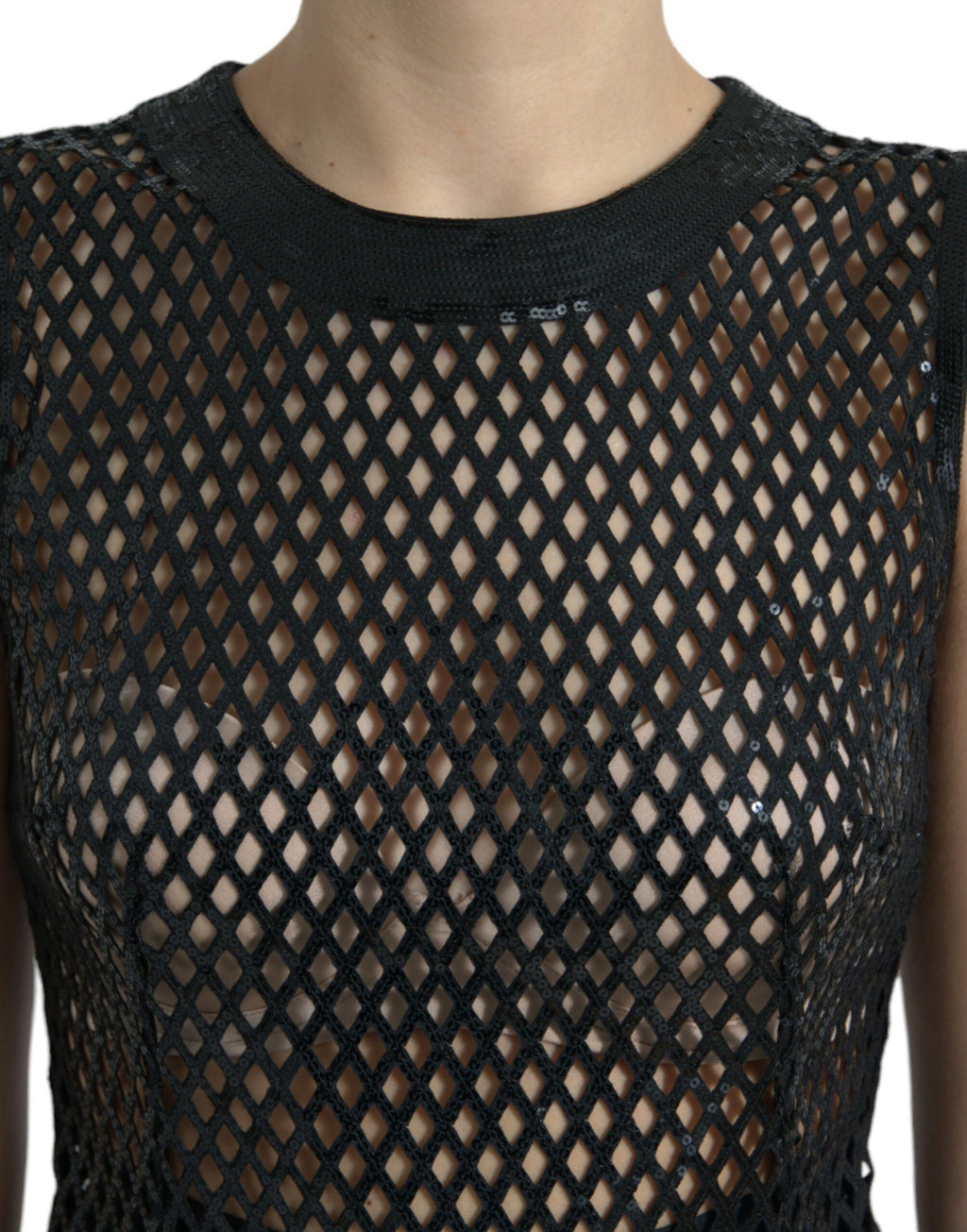 Robe sans manches de soirée Dolce & Gabbana noire à sequins, en mesh avec superpositions, élégante et sophistiquée.