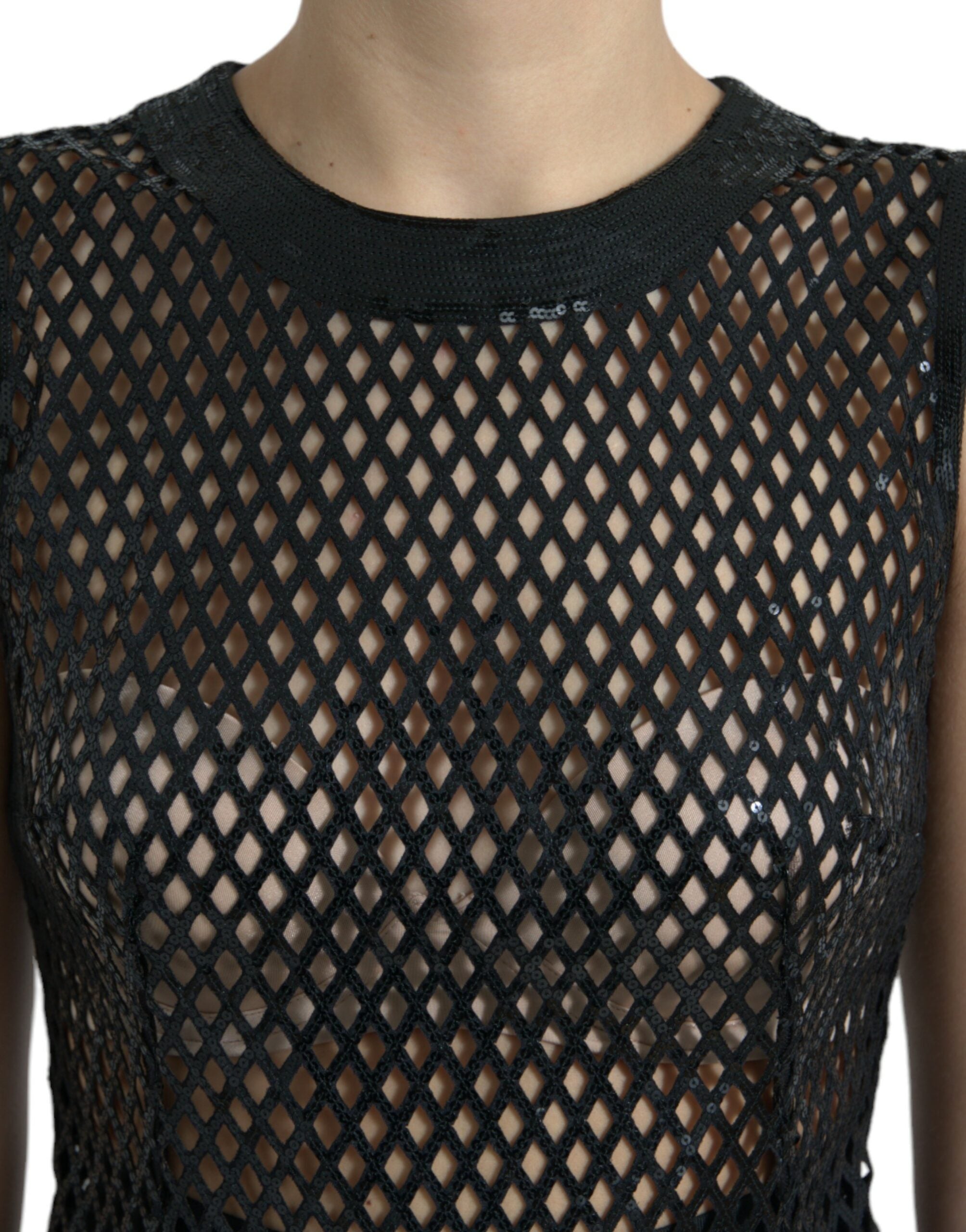 Robe sans manches de soirée Dolce & Gabbana noire à sequins, en mesh avec superpositions, élégante et sophistiquée.
