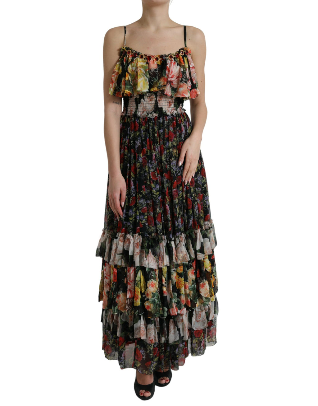 Robe longue en chiffon multicolore à fleurs Dolce & Gabbana, style maxi, avec plusieurs couches et détails floraux élégants.
