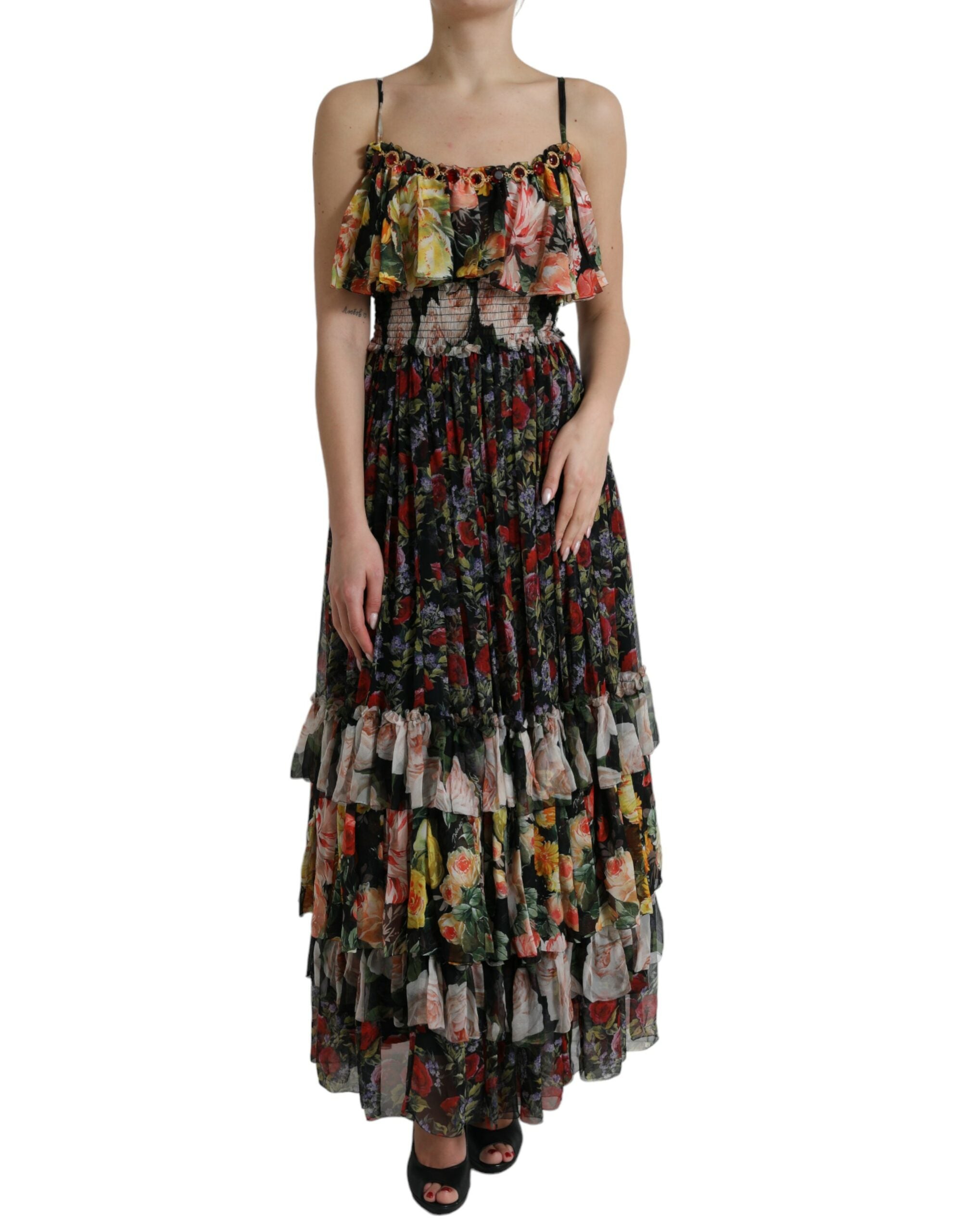 Robe longue en chiffon multicolore à fleurs Dolce & Gabbana, style maxi, avec plusieurs couches et détails floraux élégants.