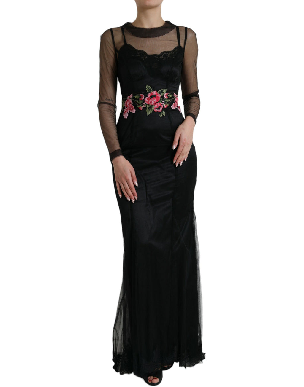 Robe longue en tulle noir avec broderie florale en embroidery, robe de soirée Dolce & Gabbana, élégante et sophistiquée.