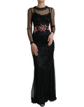 Robe longue en tulle noir avec broderie florale en embroidery, robe de soirée Dolce & Gabbana, élégante et sophistiquée.
