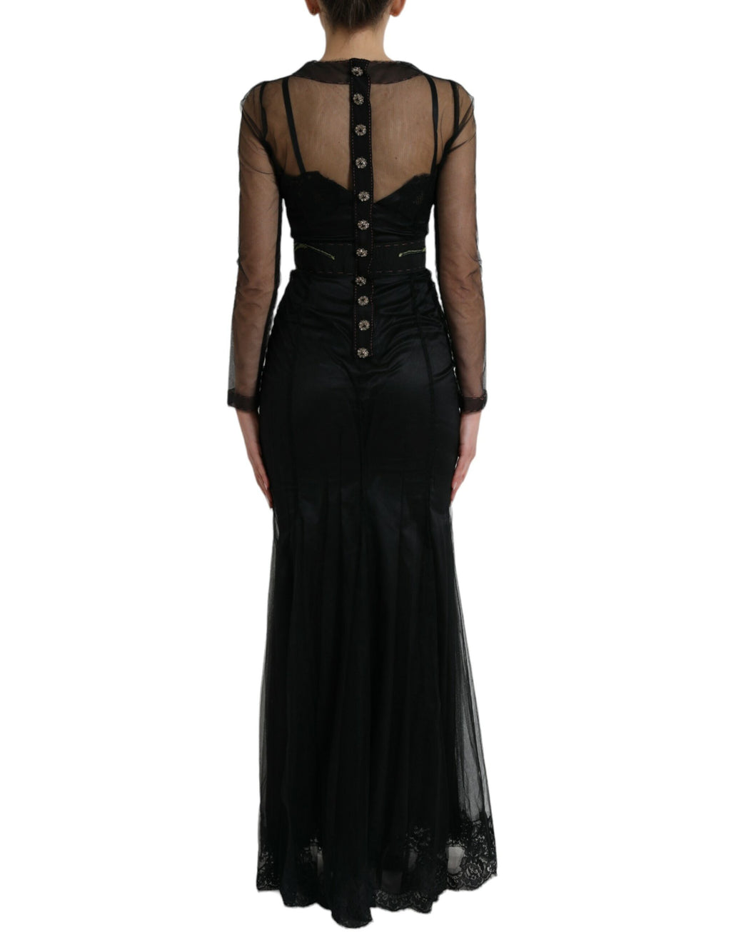 Robe longue en tulle noir avec broderie florale en dentelle, design élégant de Dolce & Gabbana.
