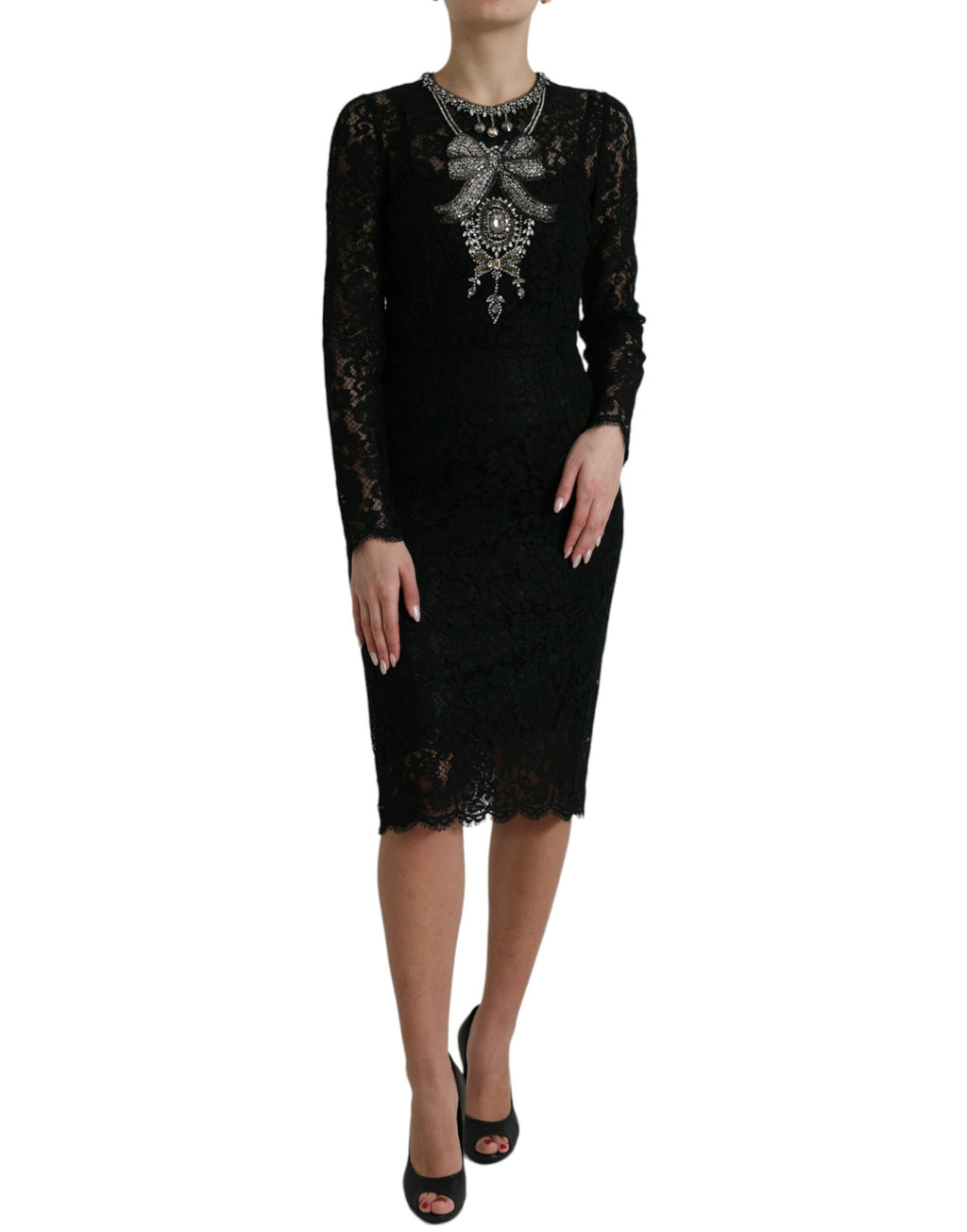 Robe fourreau en dentelle noire Dolce & Gabbana ornée de cristaux, élégant vêtement de soirée.