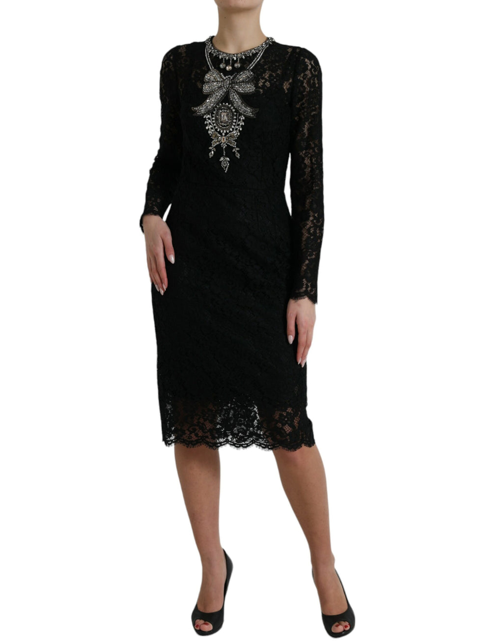 Robe fourreau noire en dentelle Dolce & Gabbana ornée de cristaux et de broderies élégantes.