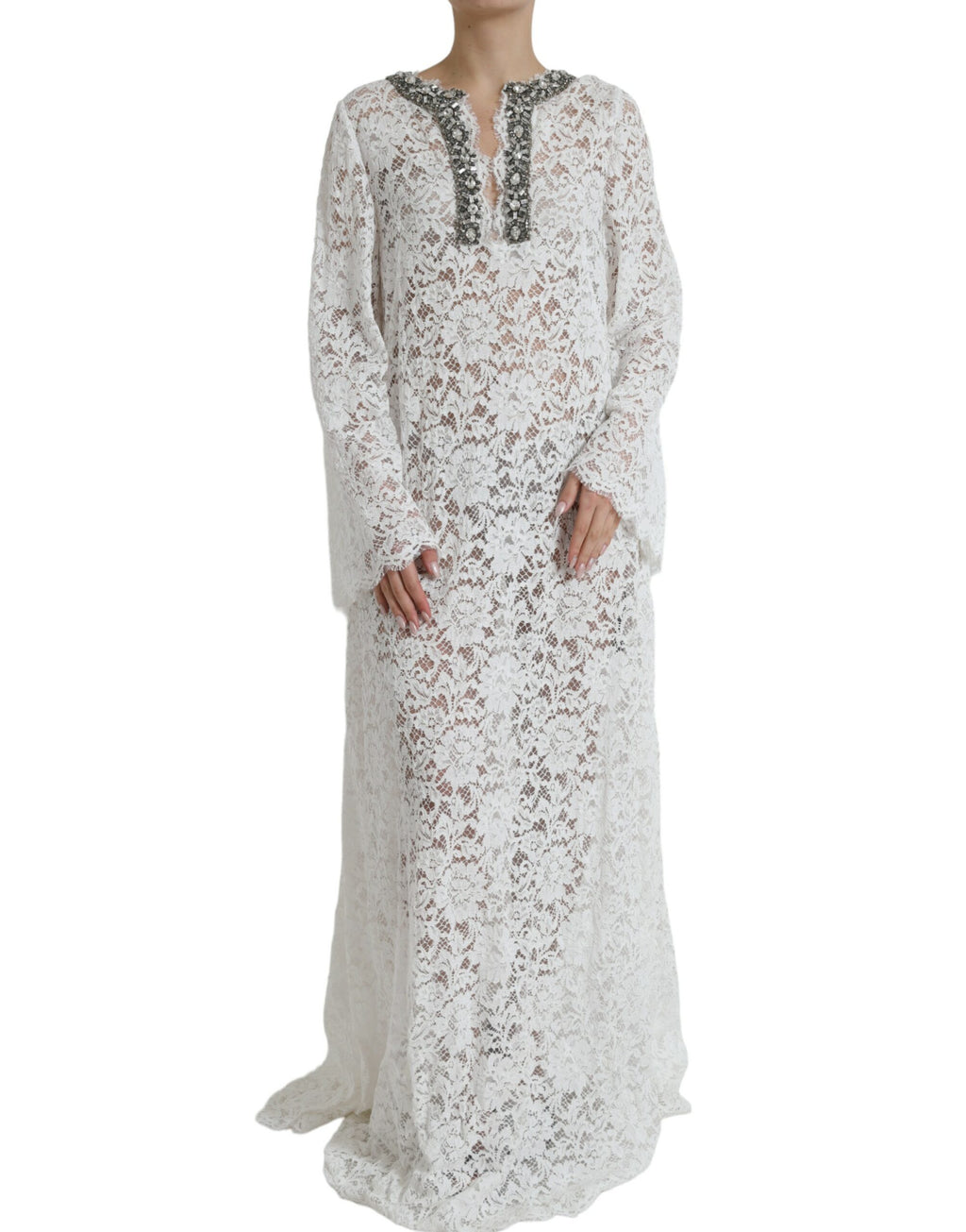 Robe shift blanche Dolce & Gabbana en dentelle avec cristaux, élégante et ornée de détails brillants.