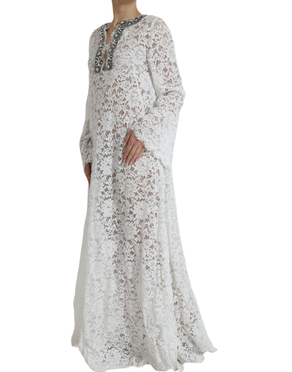 Robe droite blanche en dentelle avec cristaux, marque Dolce & Gabbana, élégante et raffinée, détails visibles sur la photo.