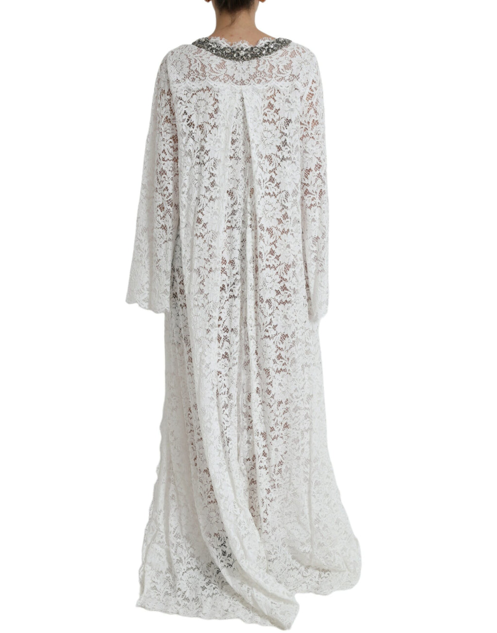 Robe droite blanche en dentelle avec cristaux Dolce & Gabbana, élégante et ornée de détails scintillants, vue de face.
