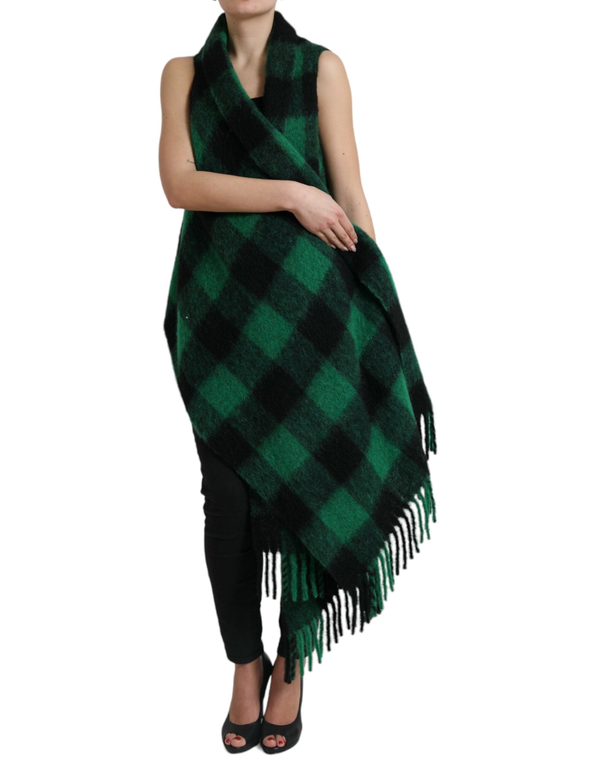 Manteau poncho Dolce & Gabbana à carreaux noir et vert Buffalo Check, veste chaude et élégante pour femme.