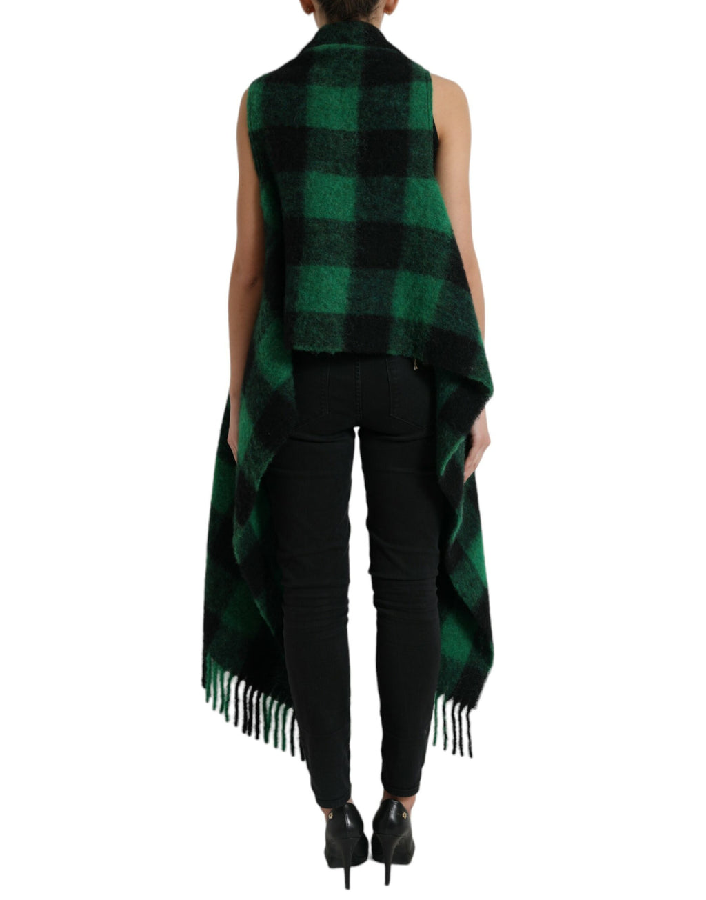 Manteau poncho noir et vert à carreaux Buffalo, Dolce & Gabbana, en laine, avec col ample et style décontracté.
