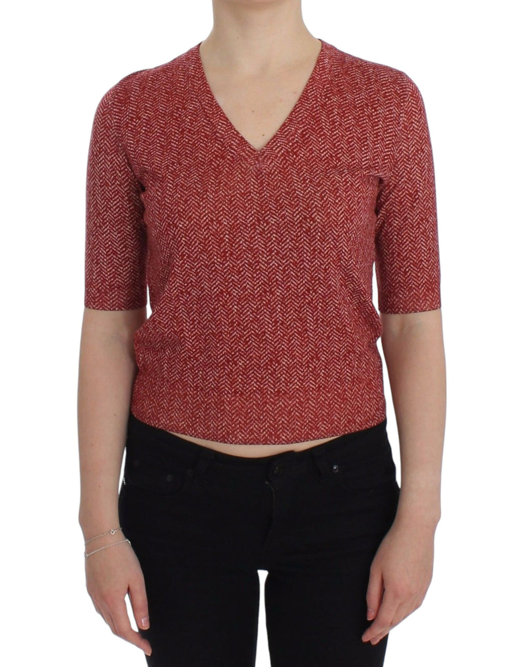 Pull-over en laine rouge à carreaux à manches courtes de Dolce & Gabbana, style chic et élégant.