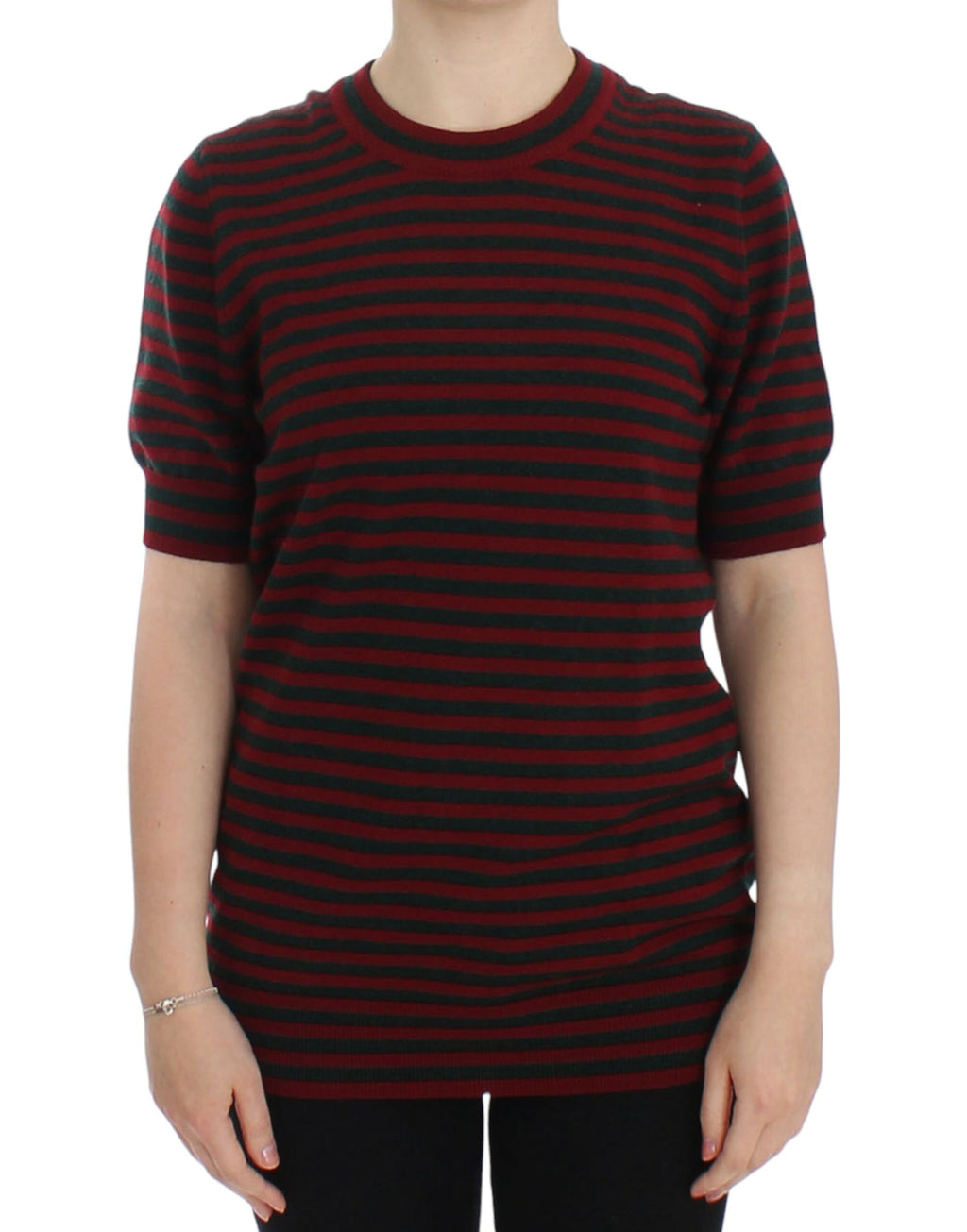 Pull en cachemire court rouge et gris Dolce & Gabbana, manches courtes, style élégant et confortable.