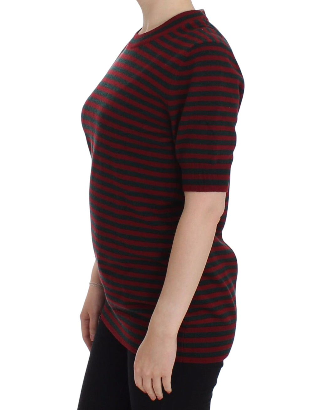 Pull à manches courtes en cachemire rouge et gris Dolce & Gabbana, vue de face, doux et élégant.