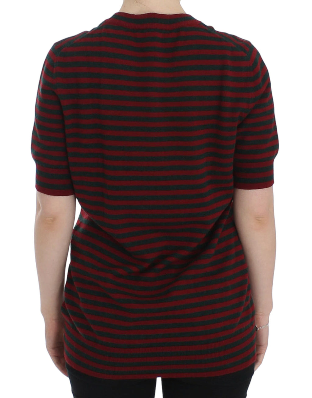 Pull à manches courtes en cachemire rouge et gris Dolce & Gabbana, vue de face, détails du tissu et du design.