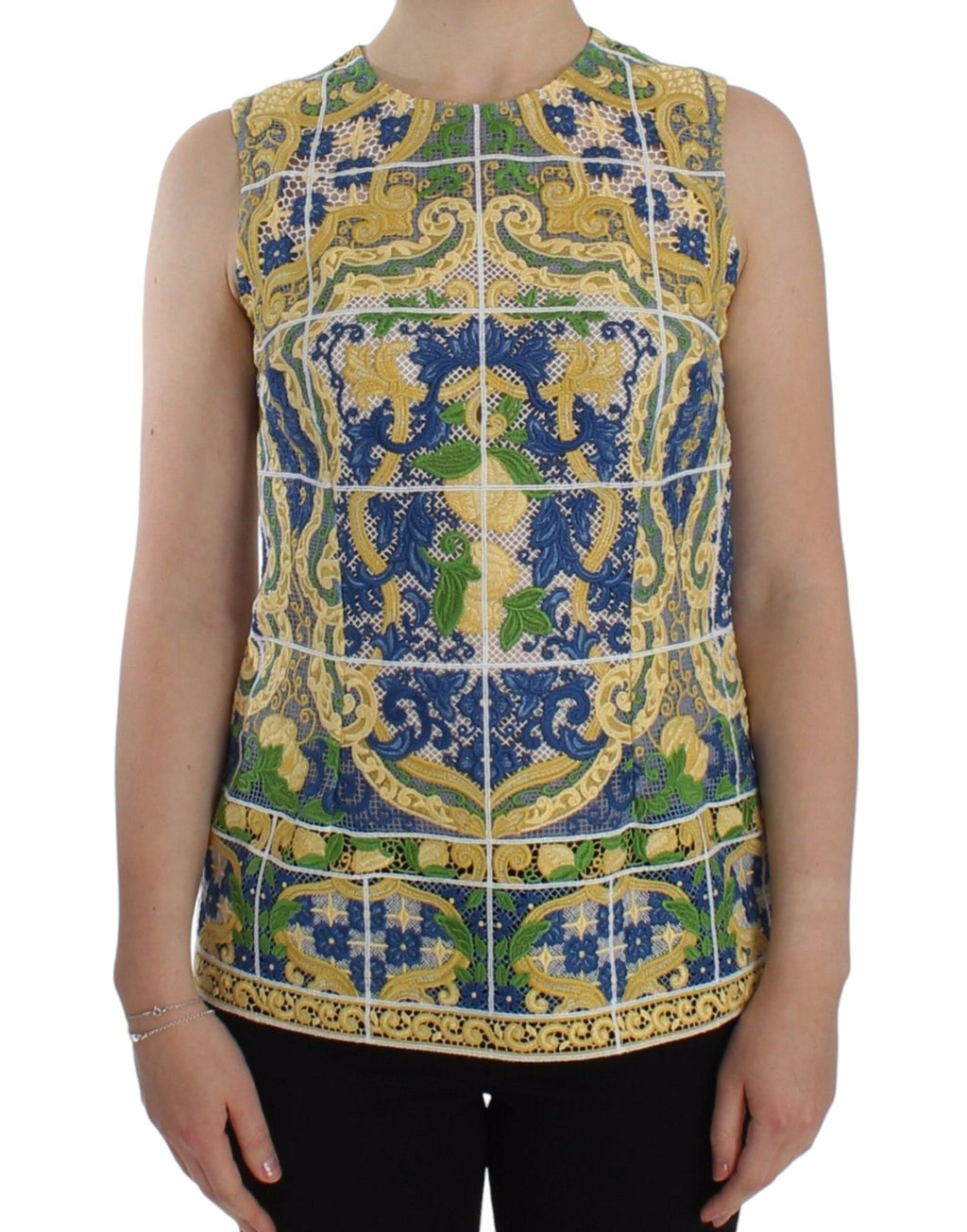 Pull en tricot Dolce & Gabbana multicolore avec broderies majolique, détails colorés et motif élaboré.
