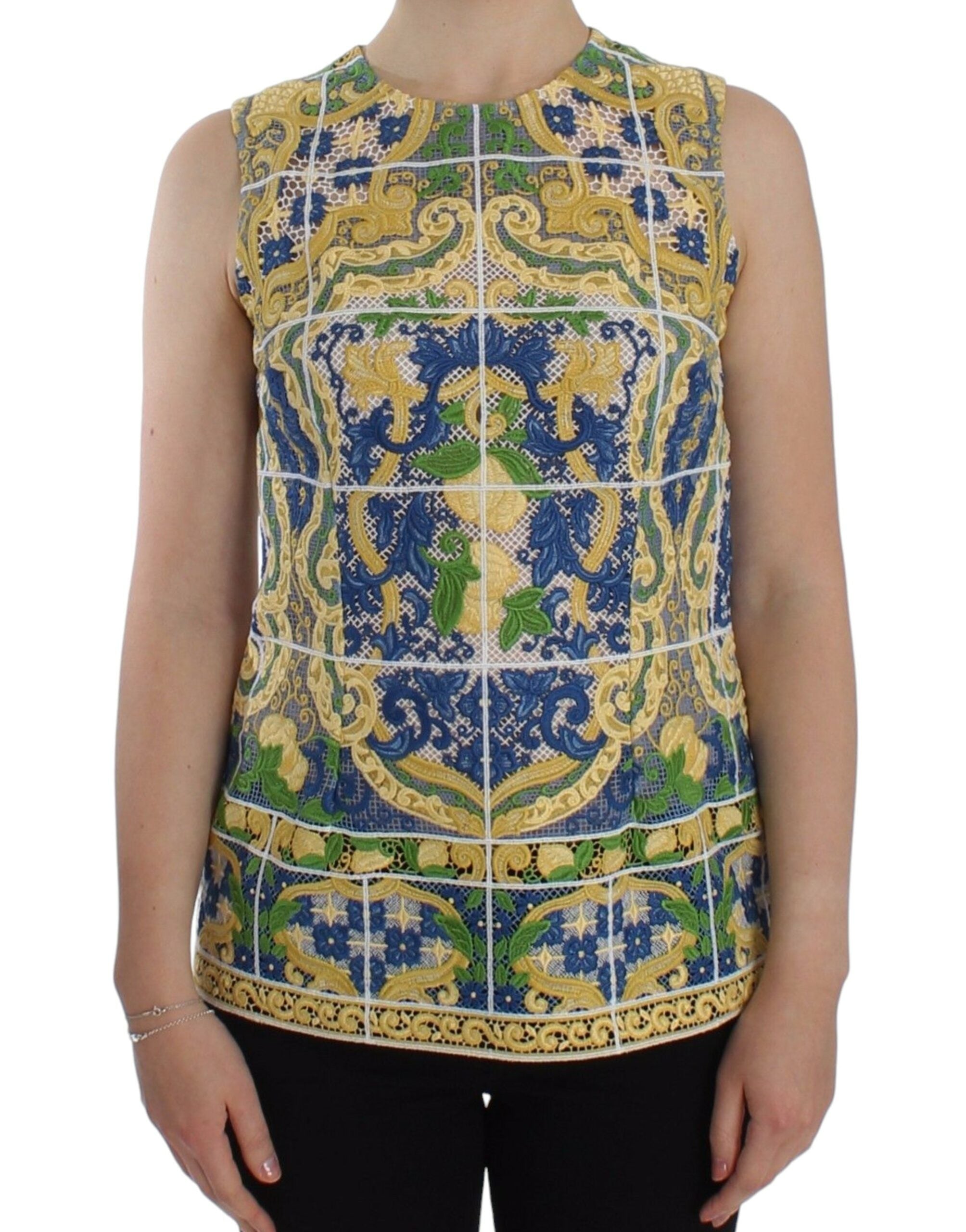 Pull en tricot Dolce & Gabbana multicolore avec broderies majolique, détails colorés et motif élaboré.