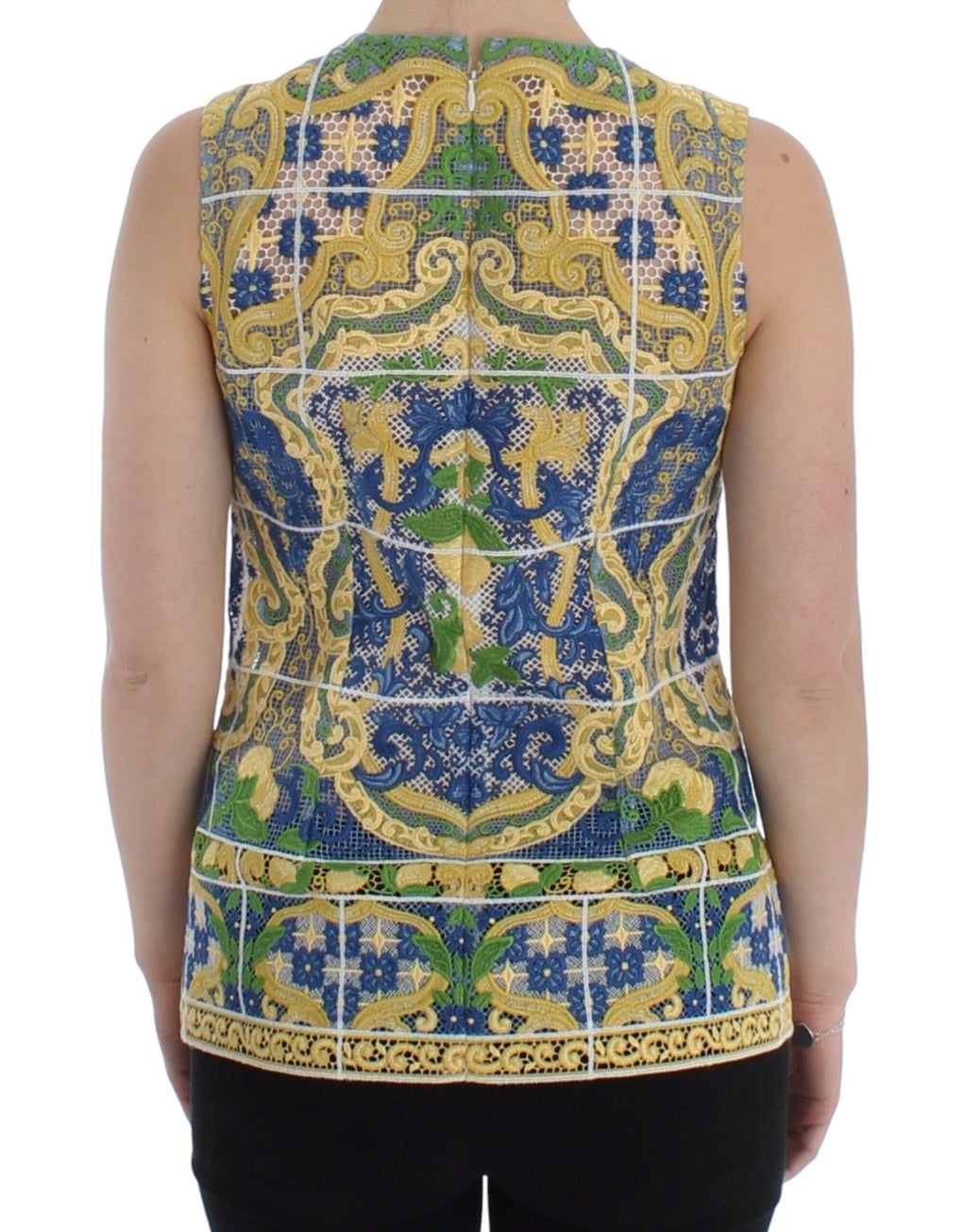 Pull Dolce & Gabbana multicolore Majolica avec broderie détaillée, en laine ou coton, visible sur l’image.