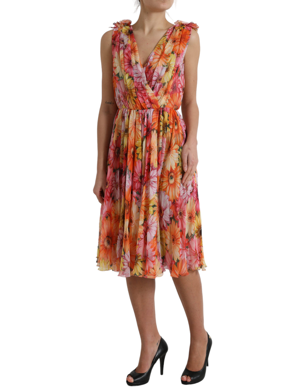 Robe midi en soie Dolce & Gabbana à imprimé tournesol multicolore, style élégant et coloré.