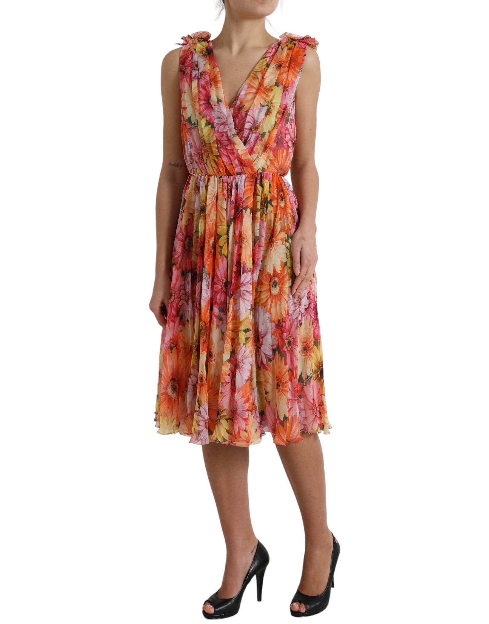 Robe midi en soie Dolce & Gabbana à imprimé tournesol multicolore, style élégant et coloré.