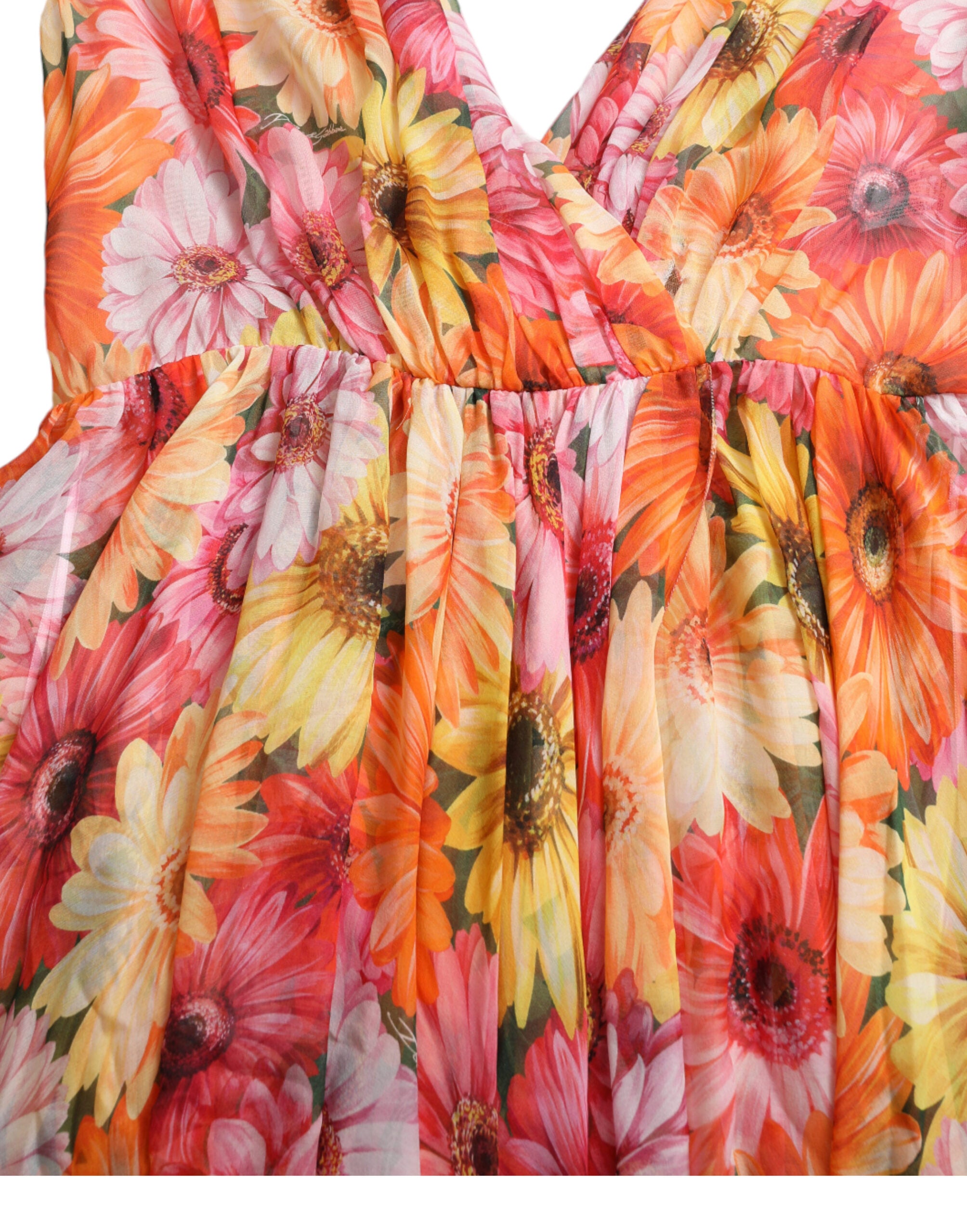 Robe midi en soie multicolore à imprimé tournesol Dolce & Gabbana, élégante et fluide, avec un design coloré et sophistiqué.