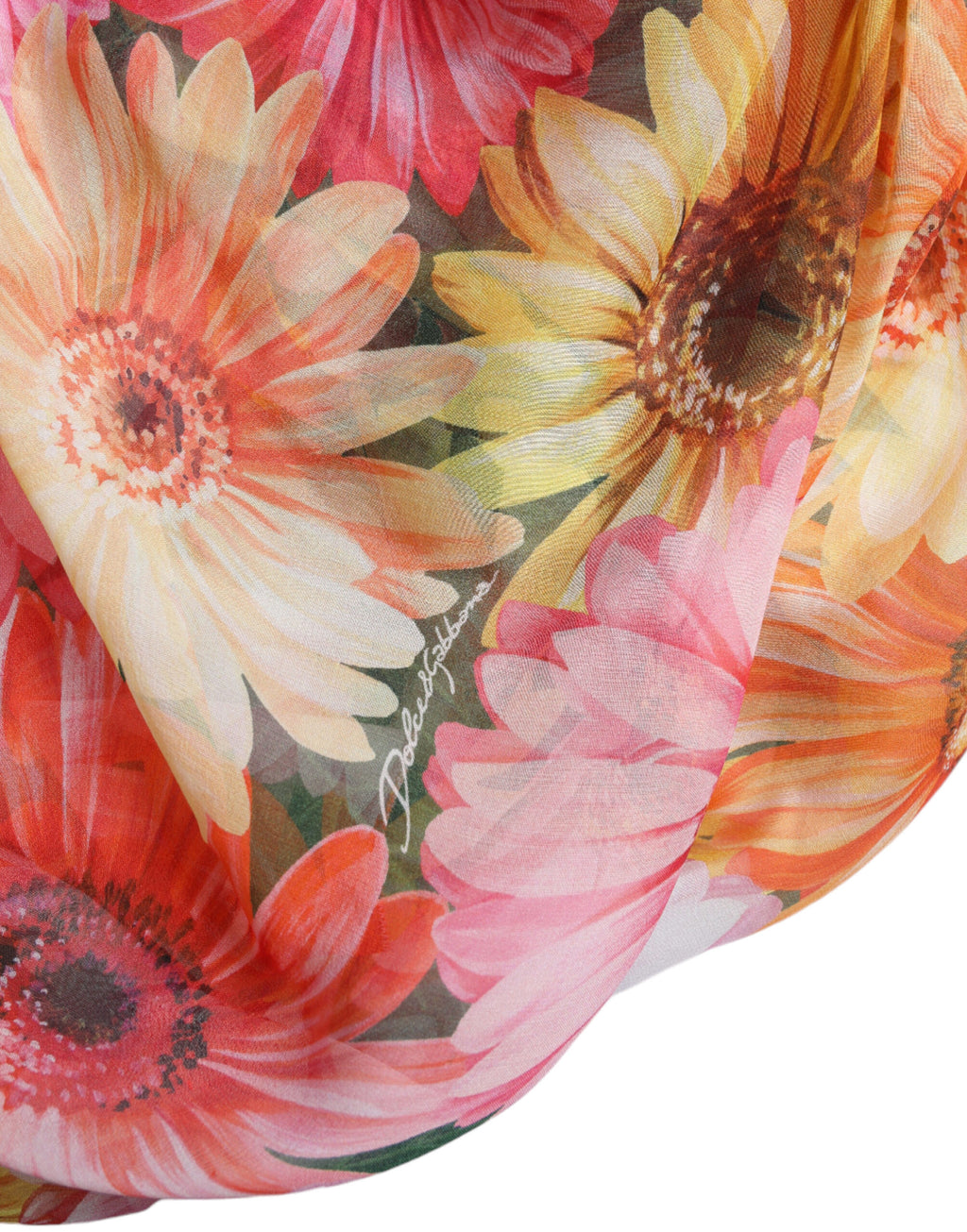 Robe midi en soie à fleurs tournesol multicolores de Dolce & Gabbana, motif vibrant et élégant.