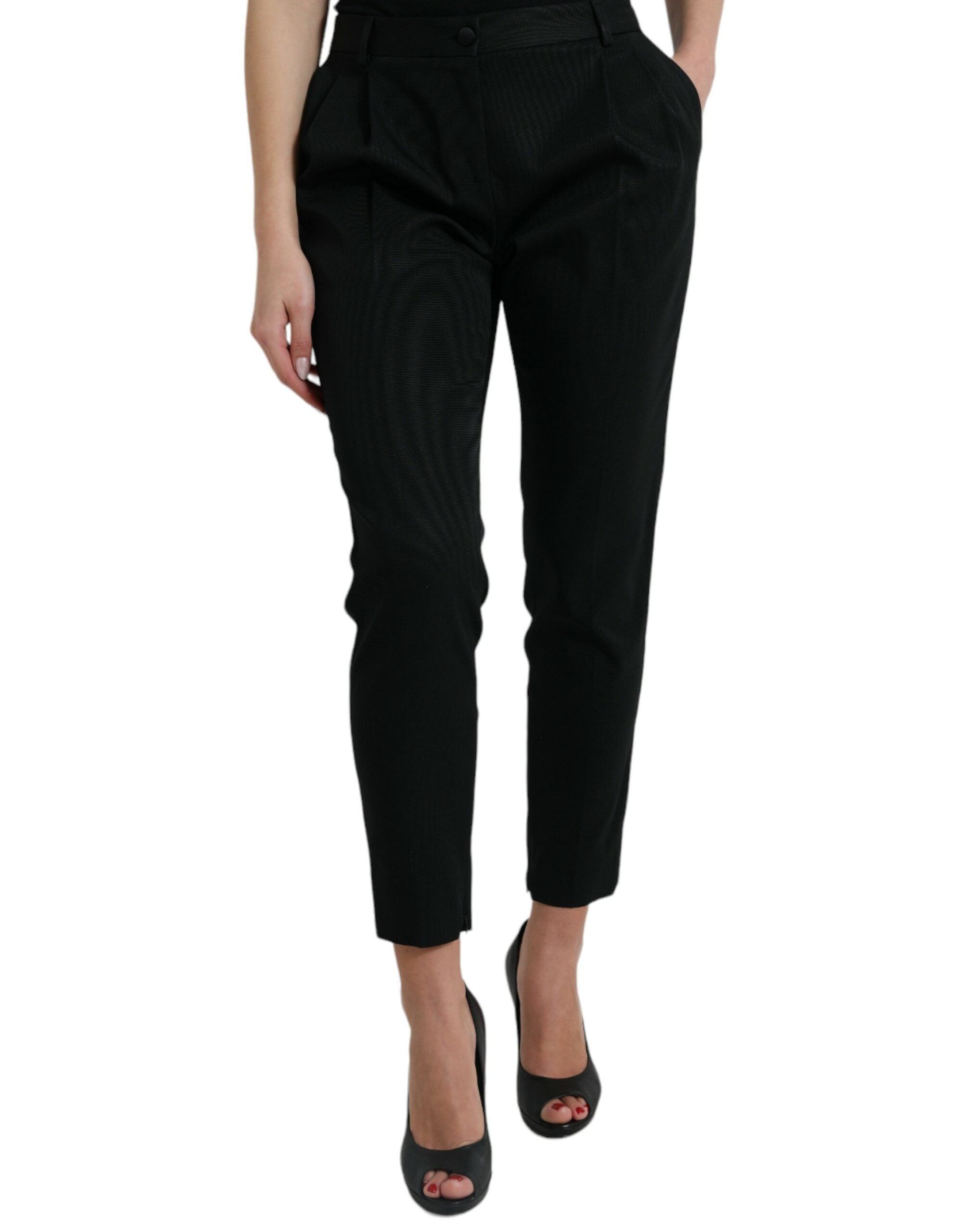 Pantalons noirs en laine Dolce & Gabbana, taille haute, coupe cropped et ajustée, mode élégante et tendance.