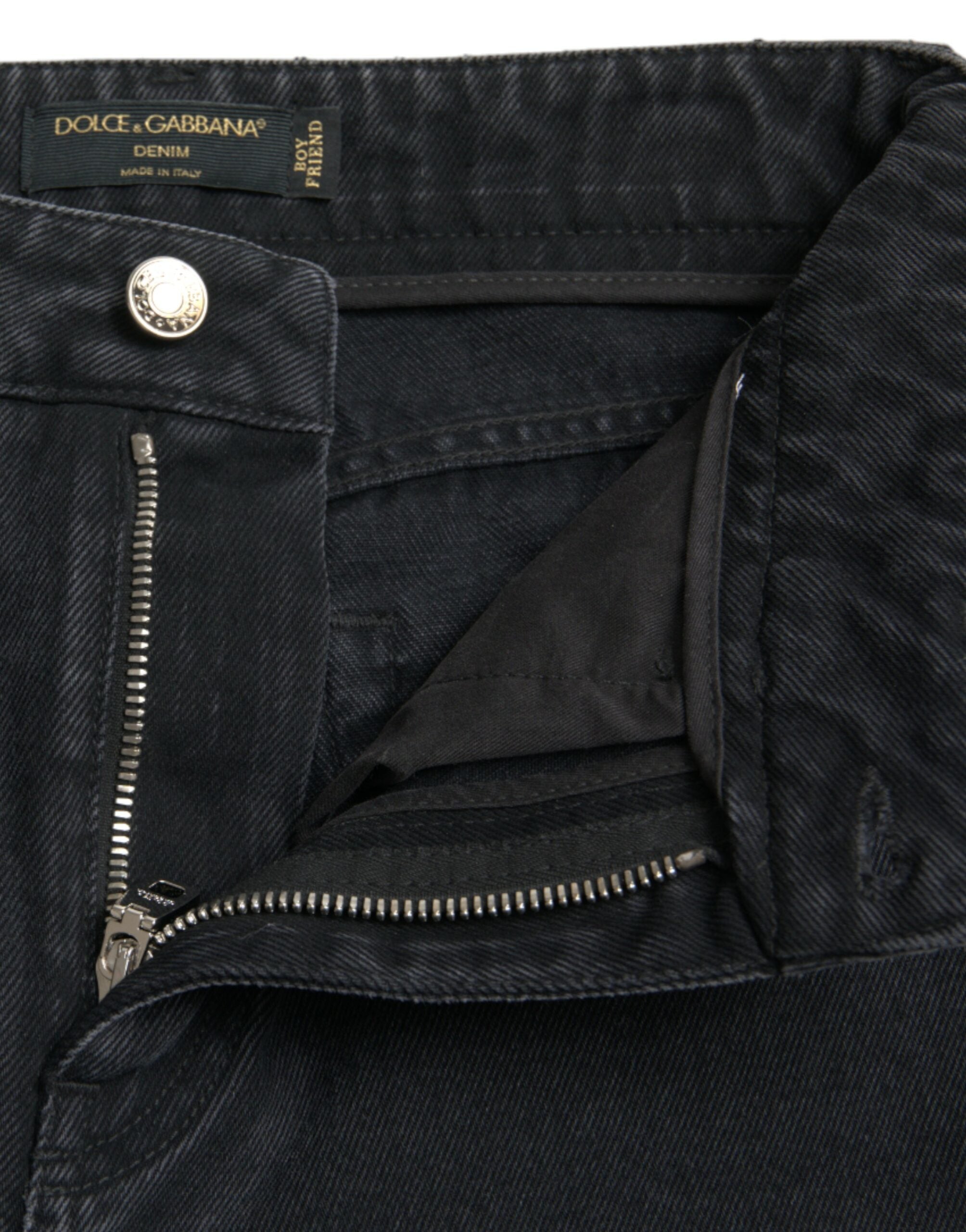 Jeans en denim noir Dolce & Gabbana à taille haute, déchirés et tendance, en coton durable.
