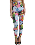 Leggings Dolce & Gabbana à fleurs multicolores, taille haute, pantalon en tissu léger, style élégant et vibrant.