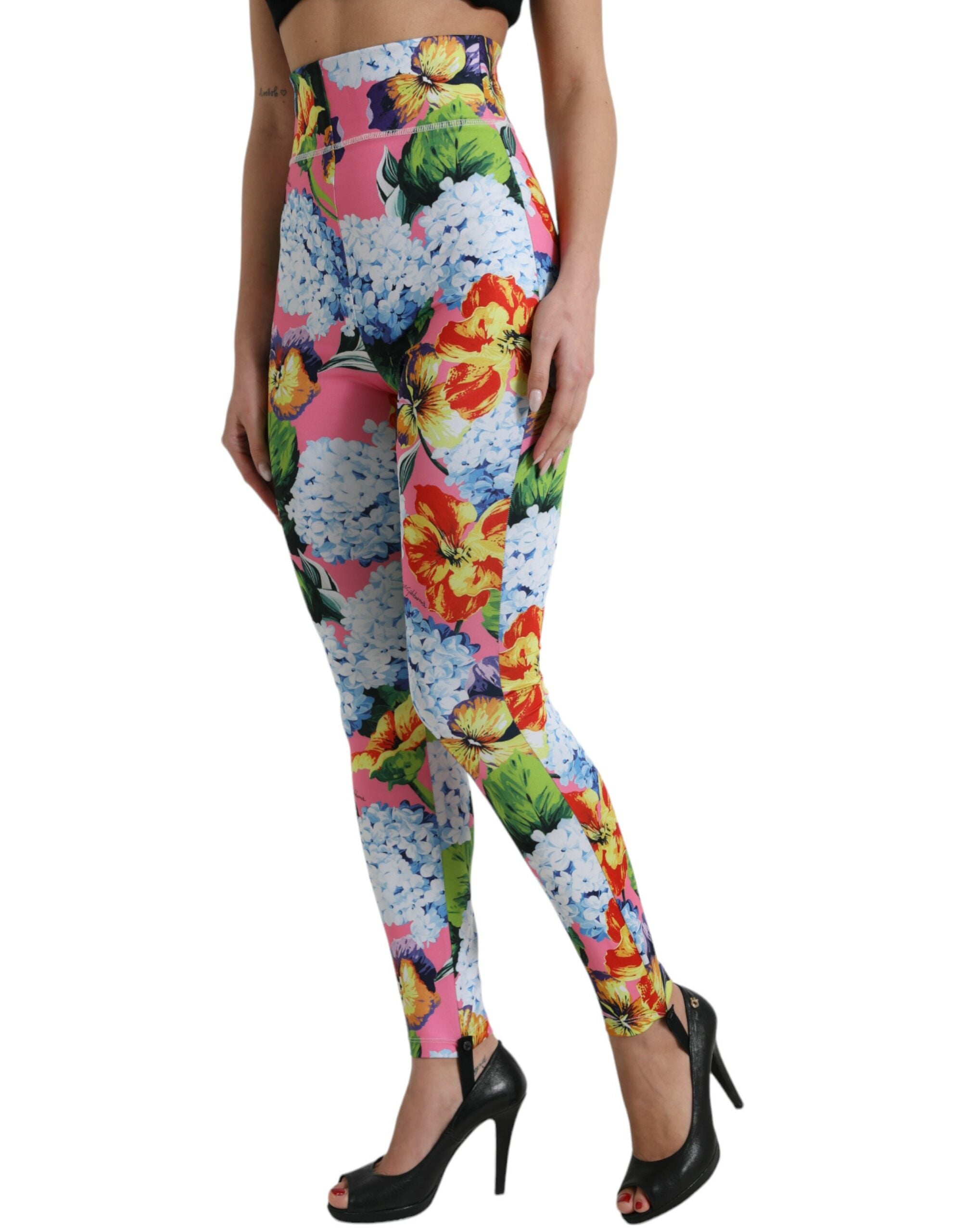 Pantalons legging Dolce & Gabbana à taille haute avec motif floral multicolore, ajustés et confortables.