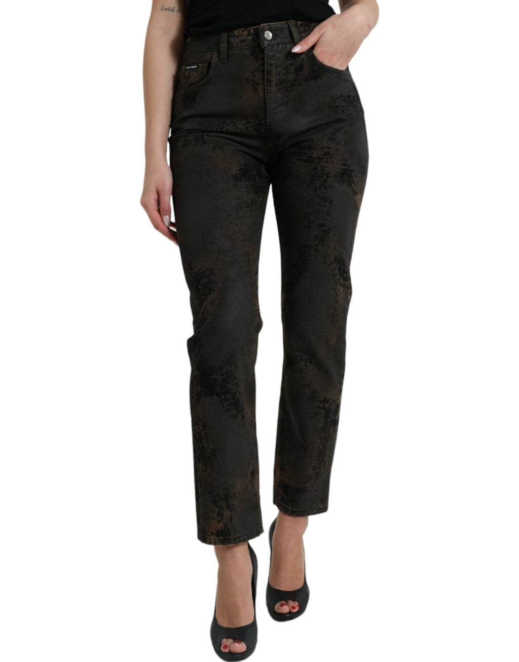 Jeans en denim marron Dolce & Gabbana Boyfriend taille moyenne en coton, vue de face.