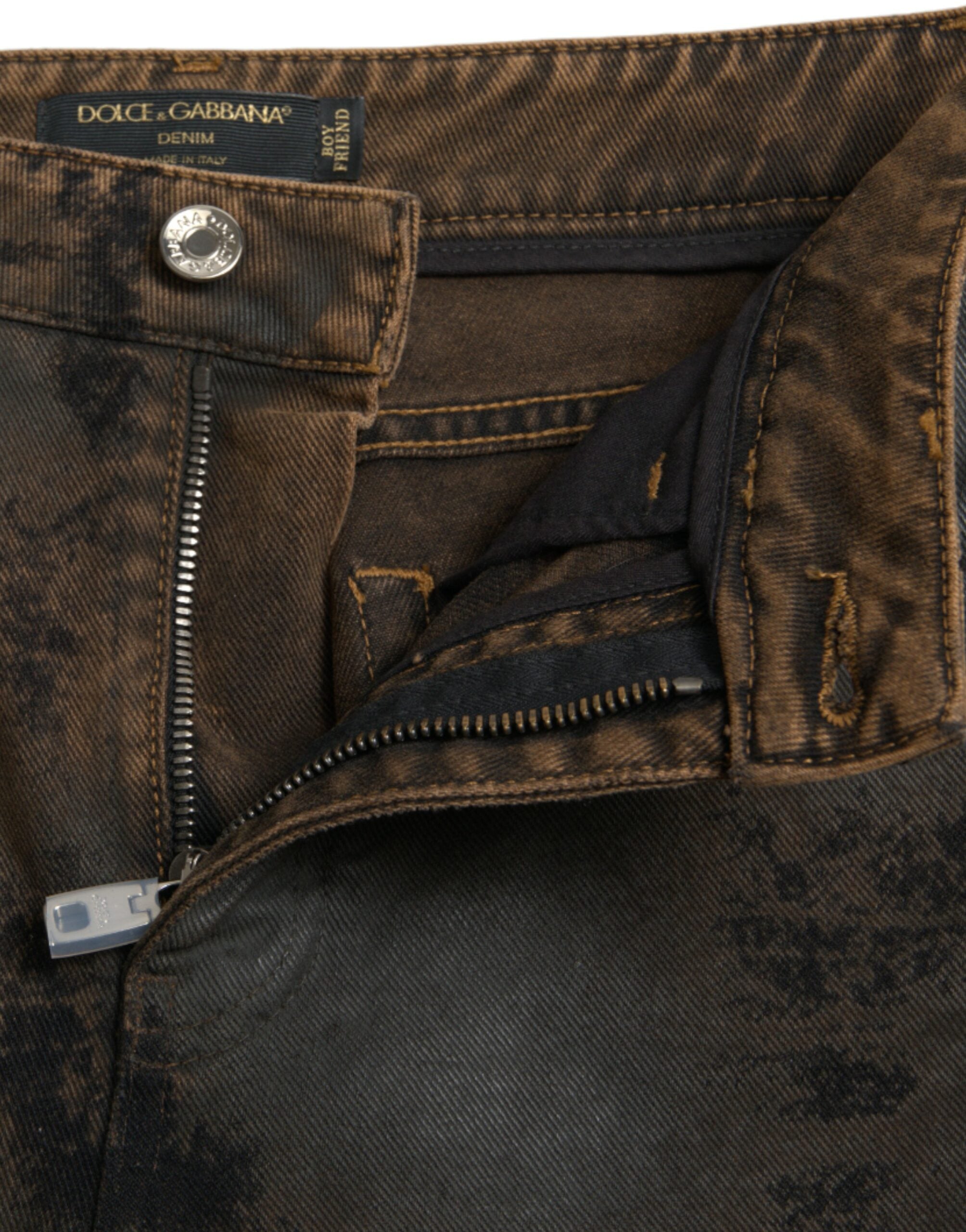 Jeans en denim marron Dolce & Gabbana Boyfriend à taille moyenne, coupe décontractée et détails en coton.