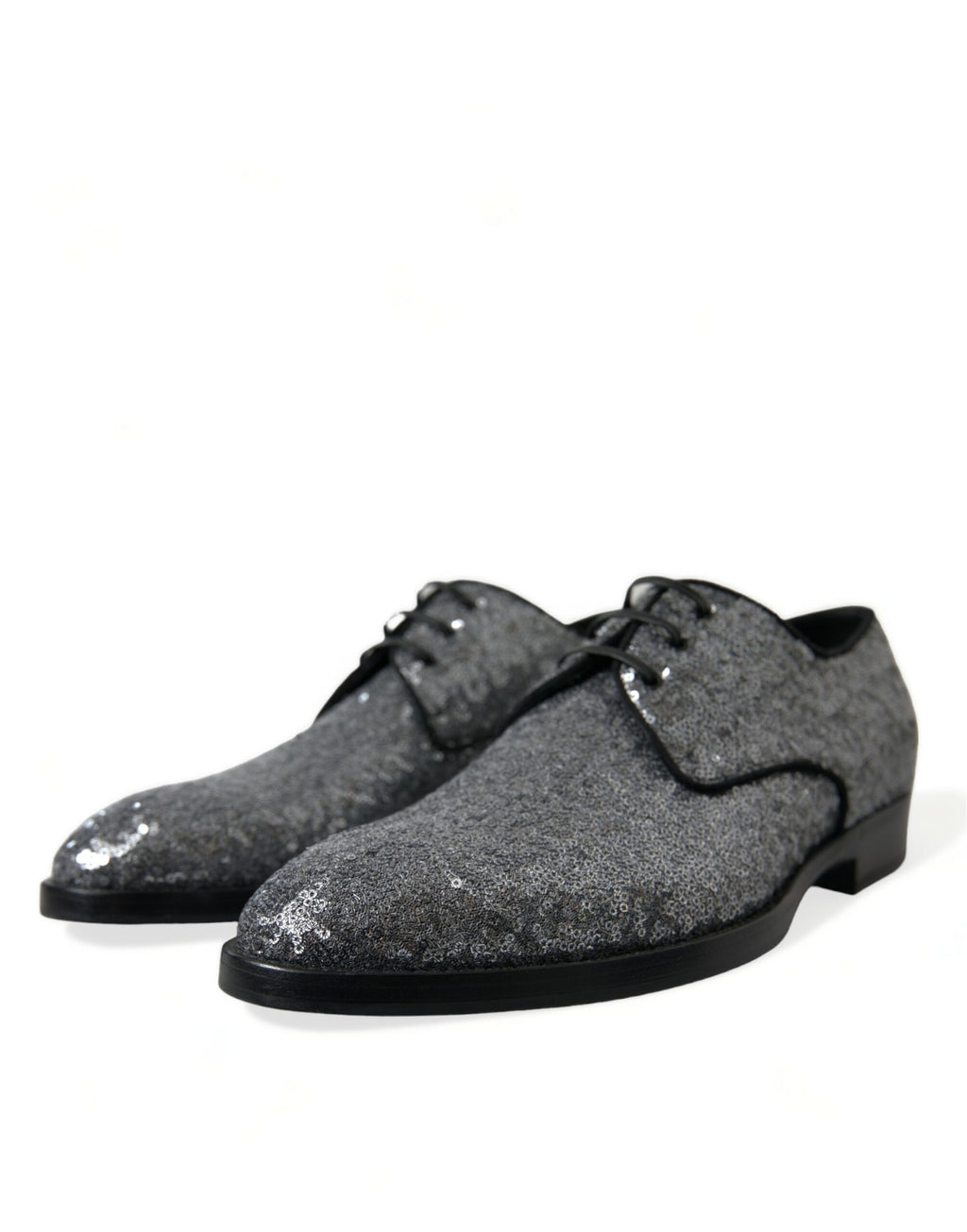 Chaussures homme Dolce & Gabbana Derby en dentelle argentée avec sequins et laçage, élégantes et brillantes.