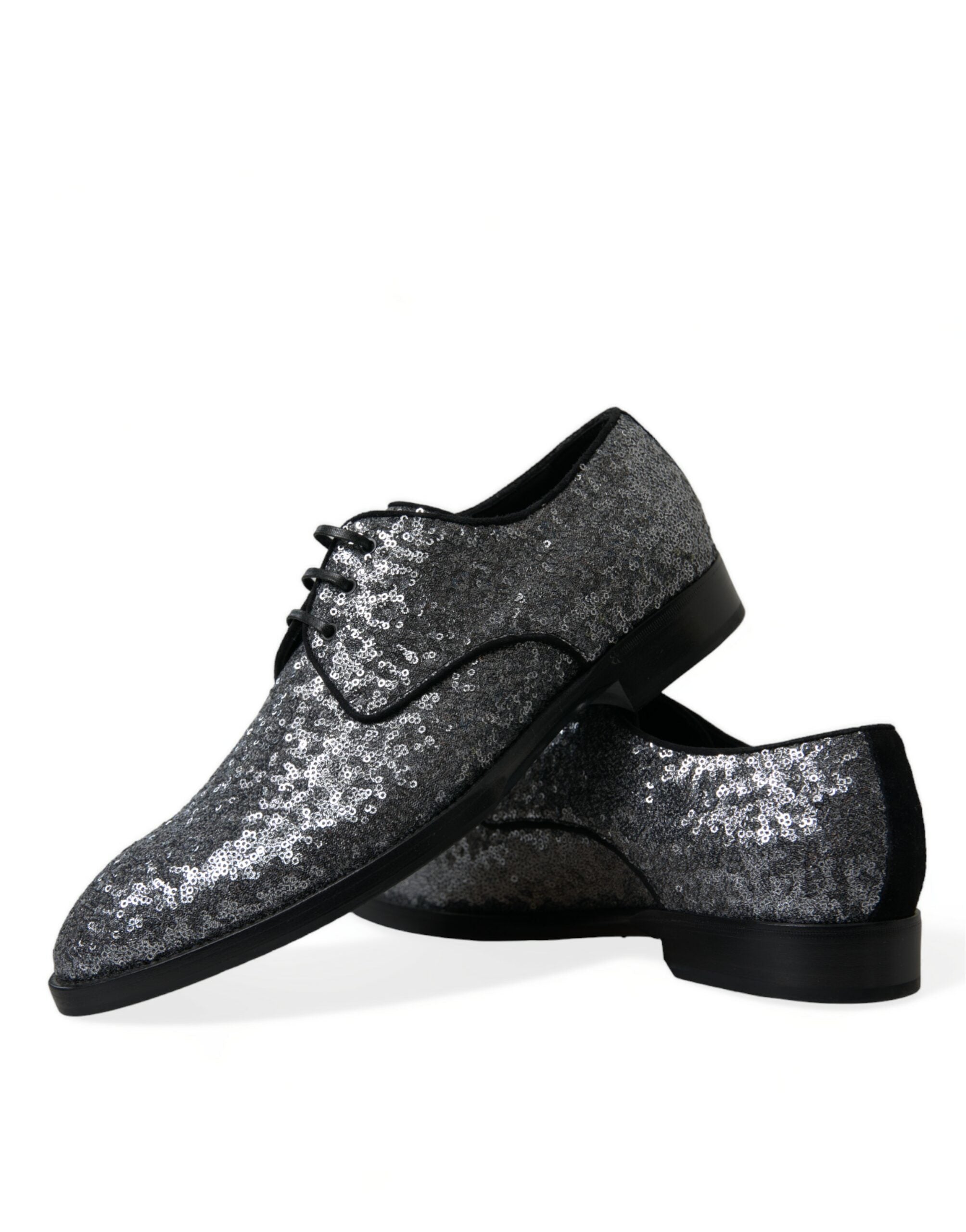 Chaussures Derby homme en dentelle argentée à sequins Dolce & Gabbana, lacets, élégantes pour occasion spéciale.