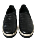Chaussures sneakers en cuir exotique noir Dolce & Gabbana avec texture crocodile, vue de face.