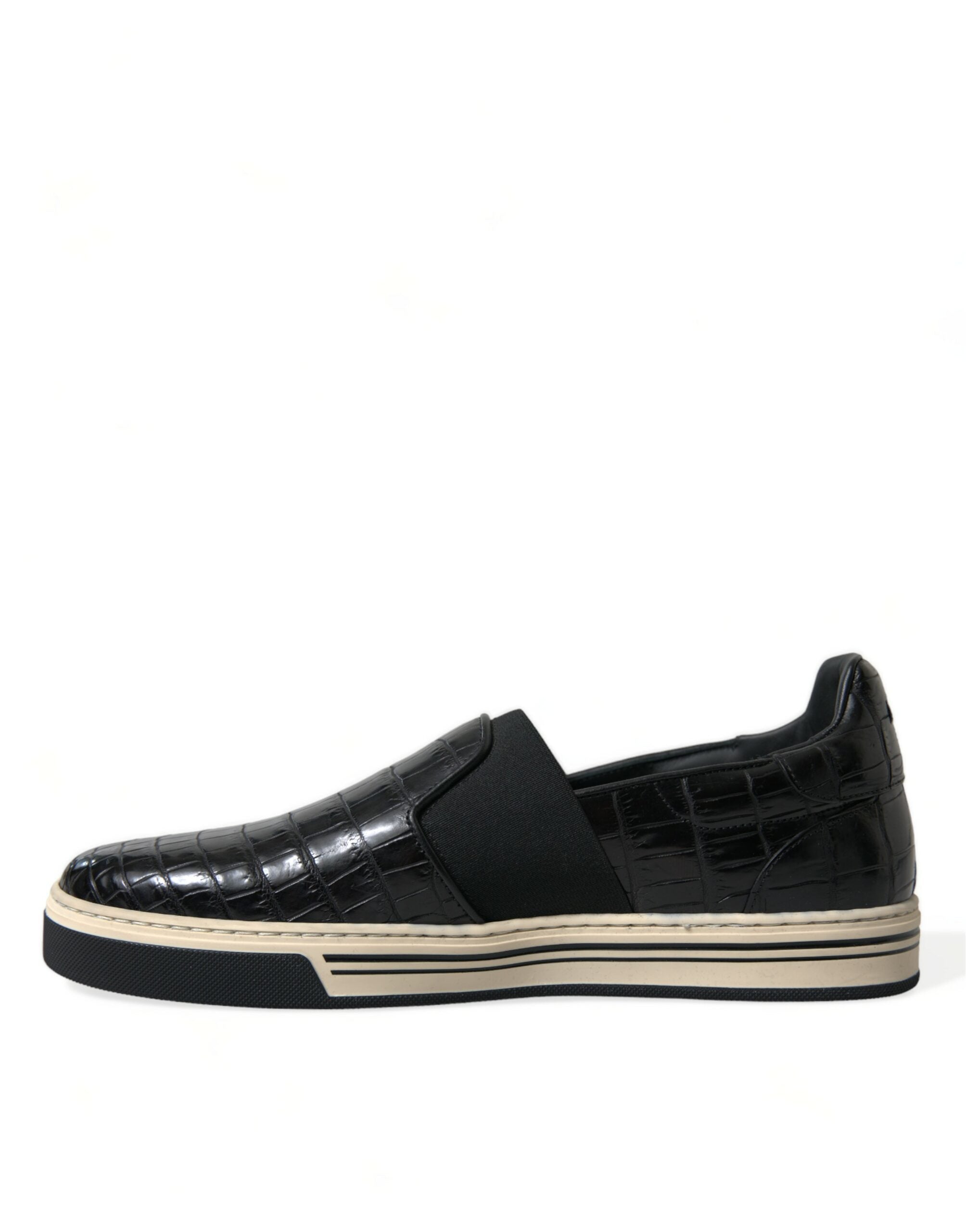 Chaussures sneakers noires en cuir exotique croco de Dolce & Gabbana, style élégant et moderne.