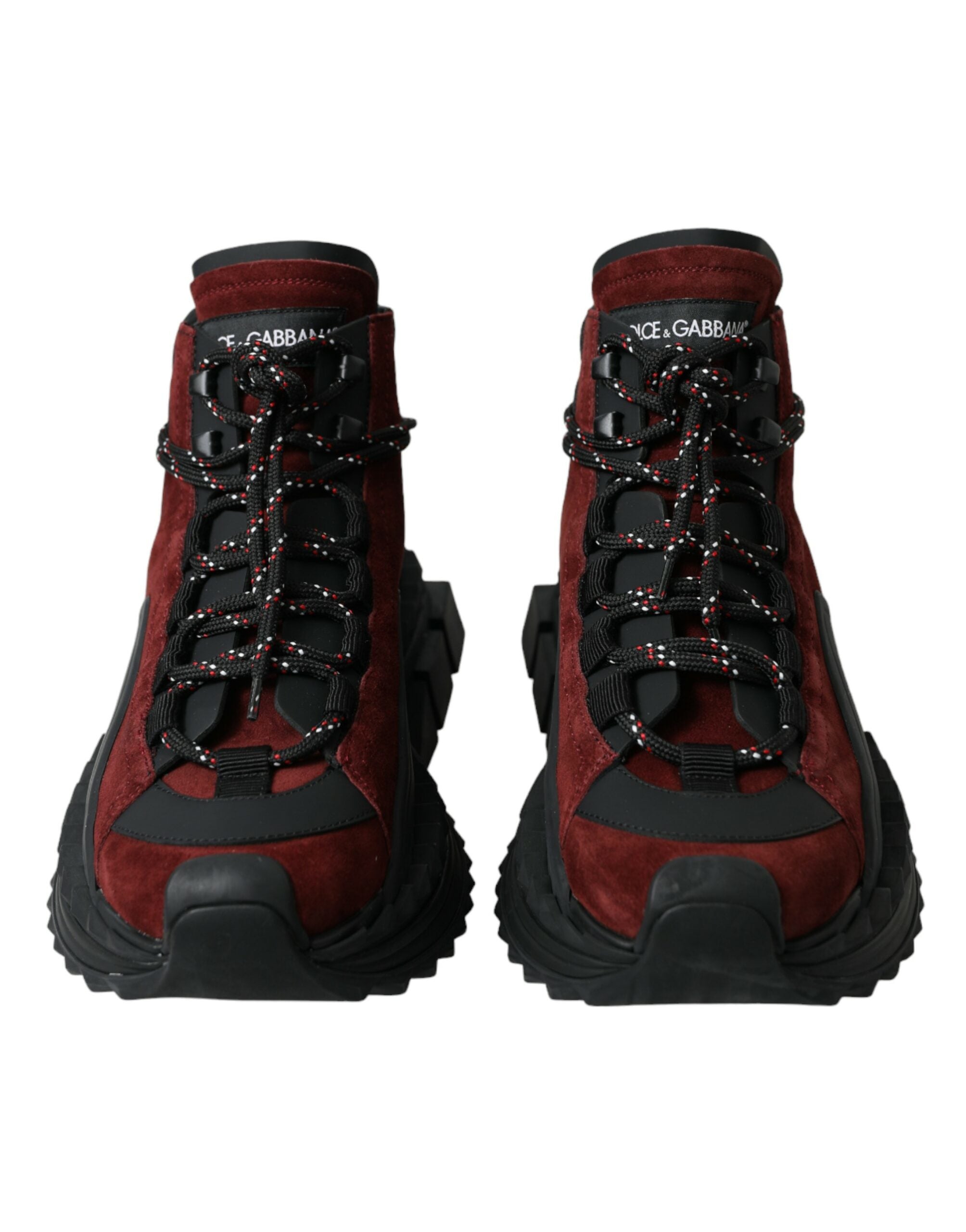 Chaussures haut de gamme Dolce & Gabbana en burgundy, baskets haute pour homme, style super king, en cuir avec semelle blanche.