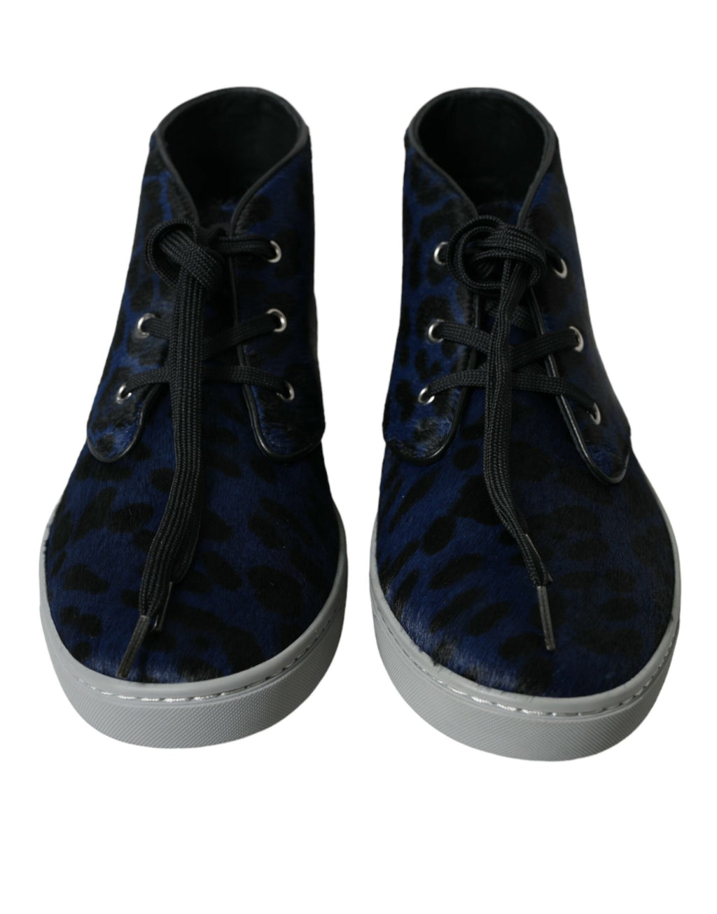 Chaussures sneakers Dolce & Gabbana bleu en cuir de veau avec motif léopard, baskets mi-hautes élégantes et tendance.