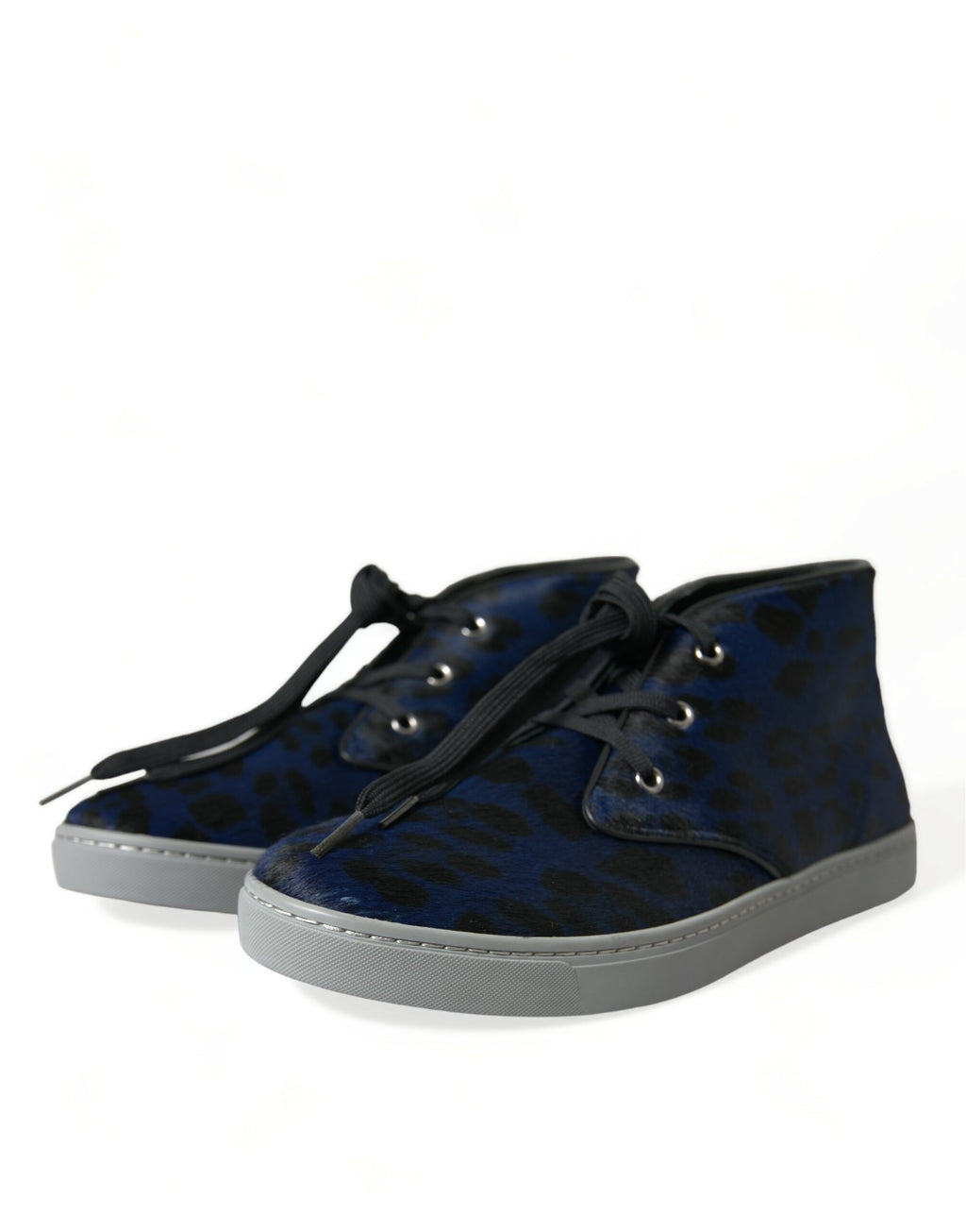 Chaussures sneakers homme Dolce & Gabbana en cuir de veau bleu avec motif léopard, style mi-haut et design tendance.