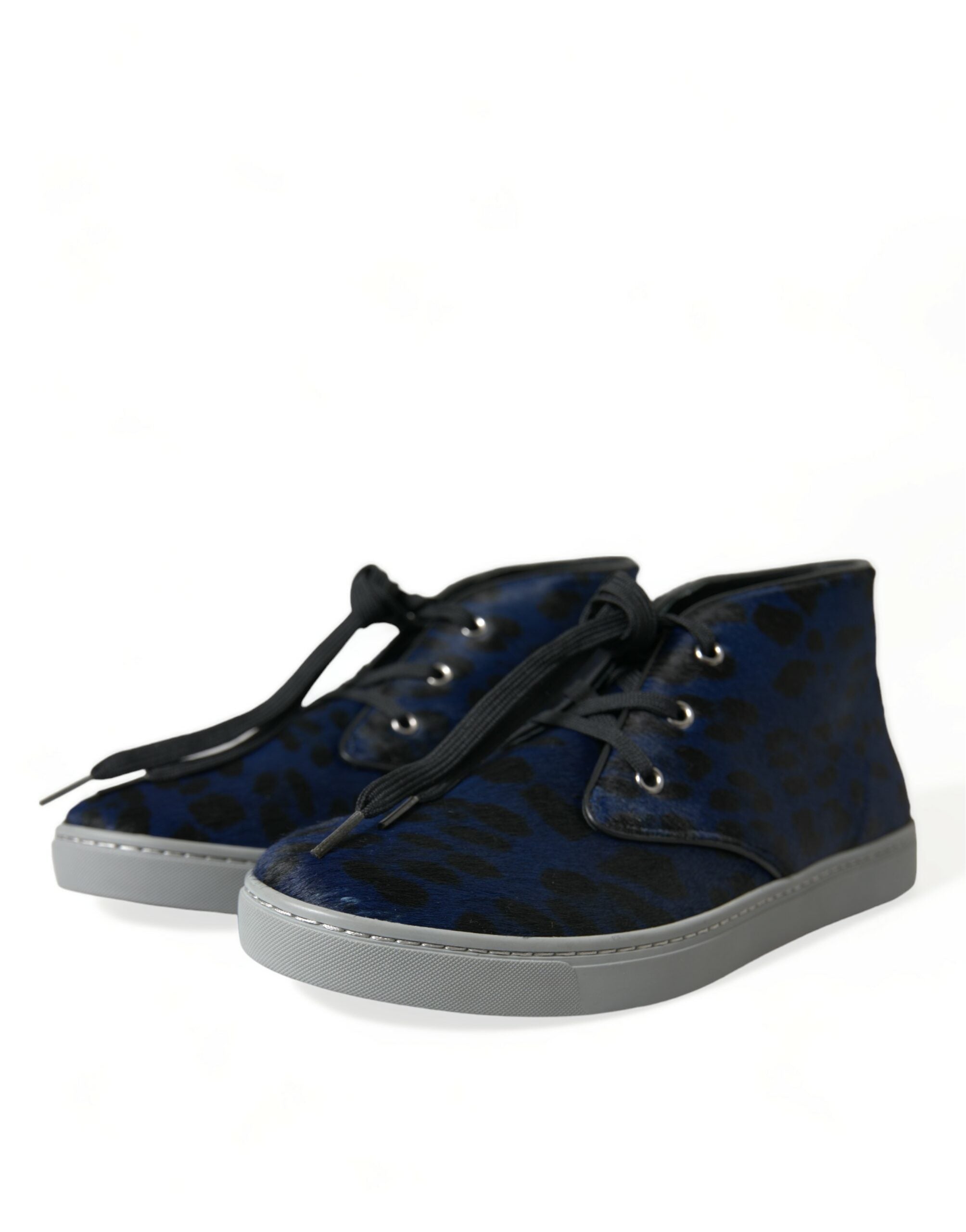 Chaussures sneakers homme Dolce & Gabbana en cuir de veau bleu avec motif léopard, style mi-haut et design tendance.