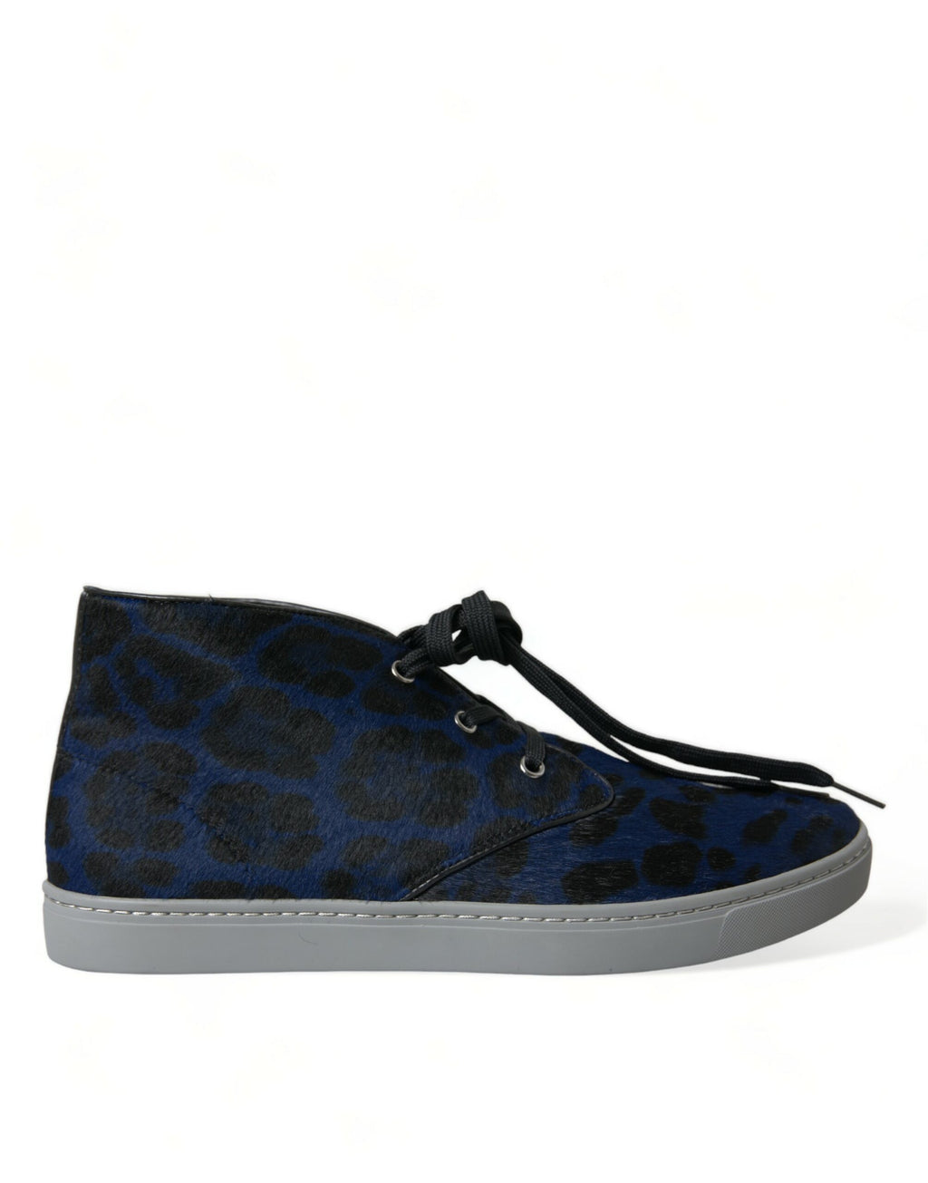 Chaussures sneakers hautes Dolce & Gabbana en cuir de veau bleu avec motif léopard, style mi-montant.