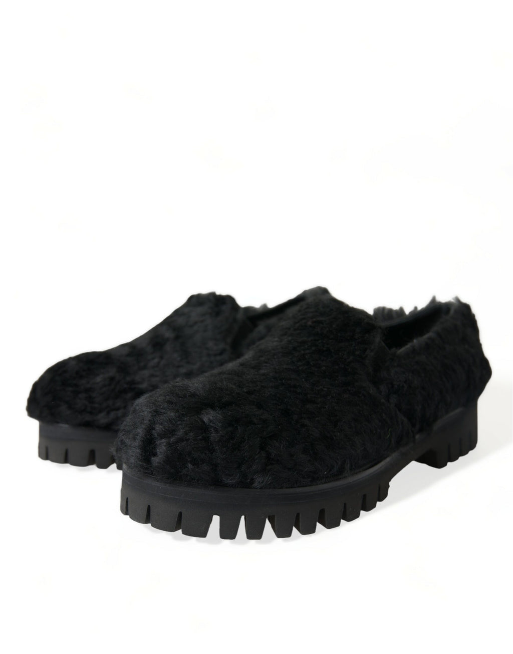 Chaussures élégantes Dolce & Gabbana en cuir et fourrure noires, slippers ou chaussures de ville raffinées pour femme.