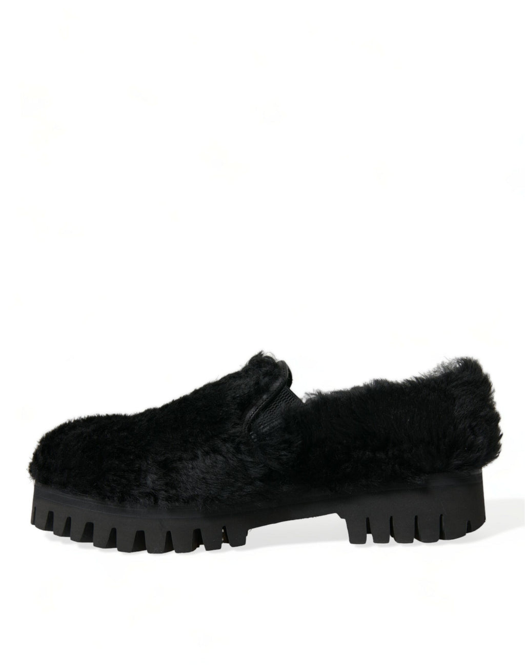 Chaussures habillées en cuir et fourrure noire de Dolce & Gabbana, slippers élégants pour femme.