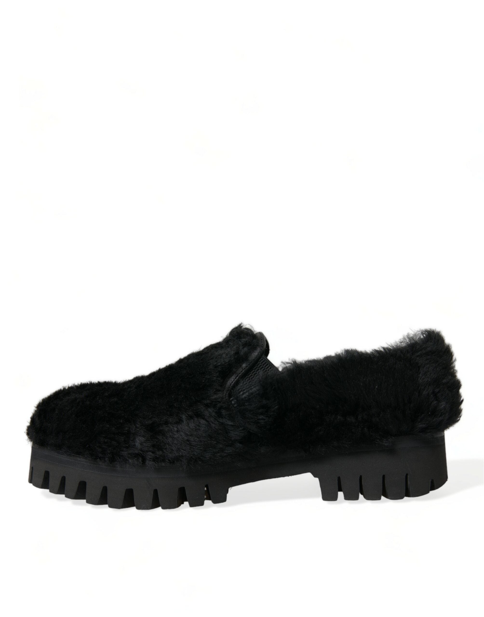 Chaussures habillées en cuir et fourrure noire de Dolce & Gabbana, slippers élégants pour femme.